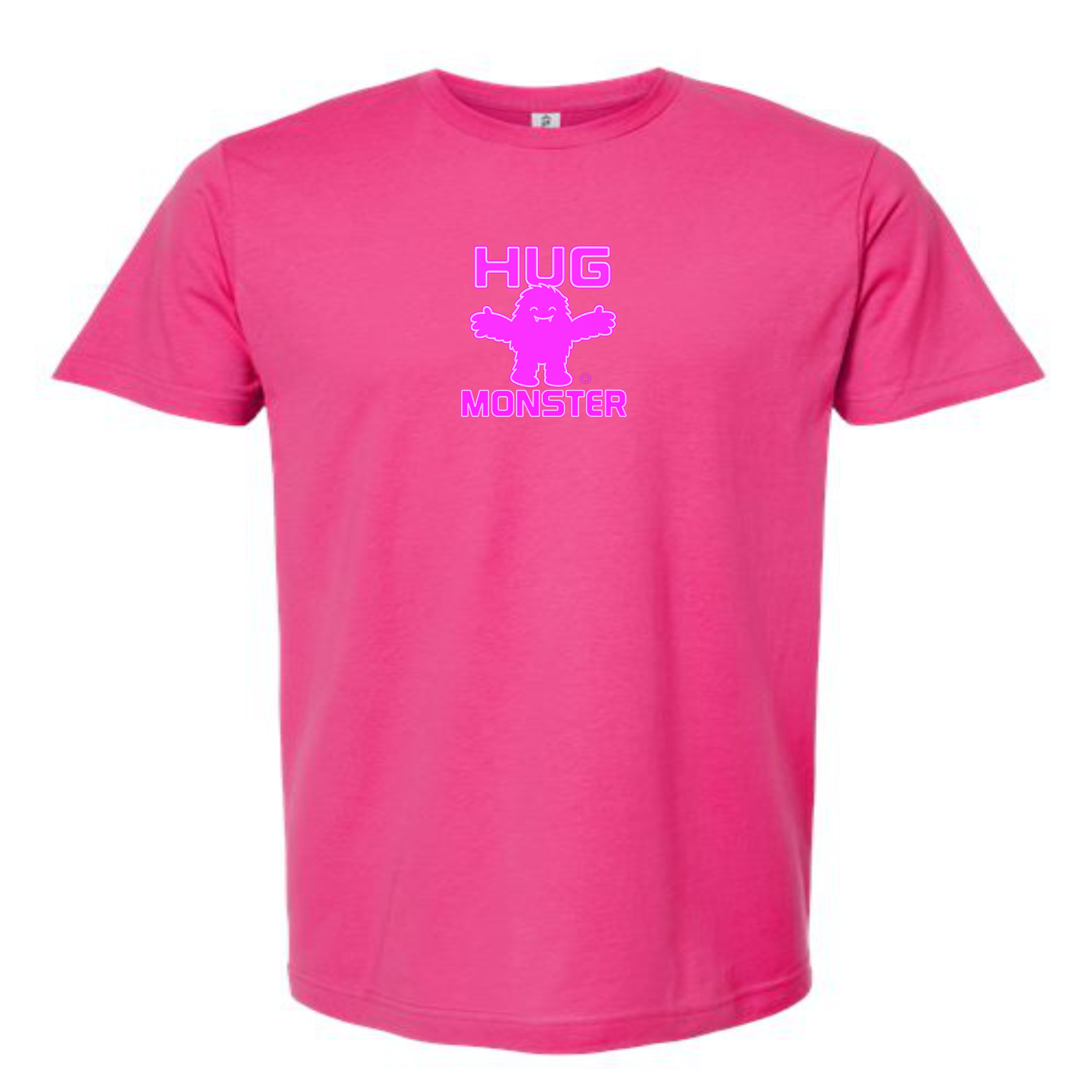 Hug Monster Tiny Retro Monster Hugs (Bright Pink Logo) T-Shirt - Positive Message Graphic Tee in Bright Fuscia – Front View