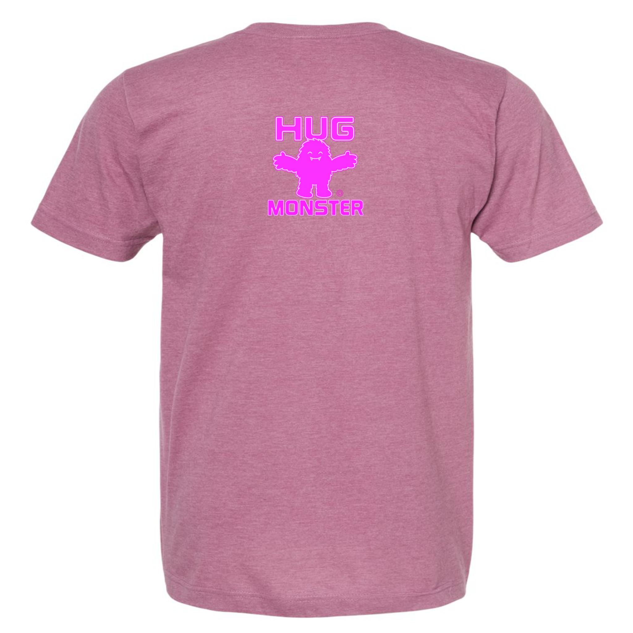 Hug Monster Tiny Retro Monster Hugs (Bright Pink Logo) T-Shirt in Heather Dusty Rose Pink – Back View