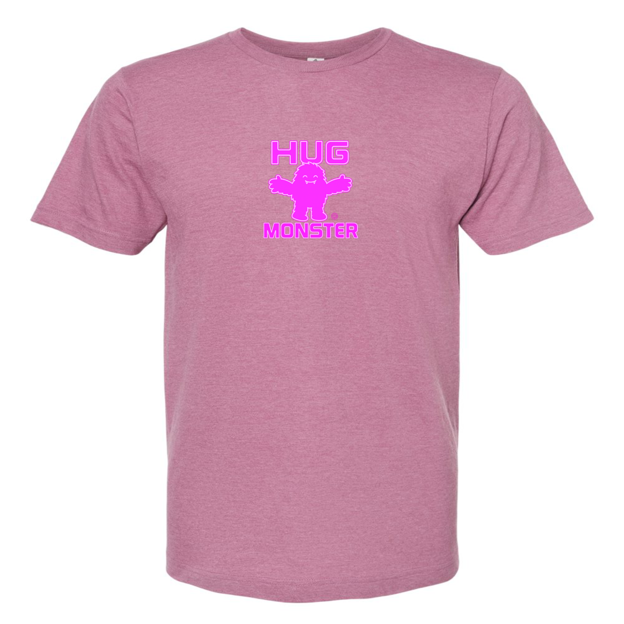 Hug Monster Tiny Retro Monster Hugs (Bright Pink Logo) T-Shirt in Heather Dusty Rose Pink – Front View