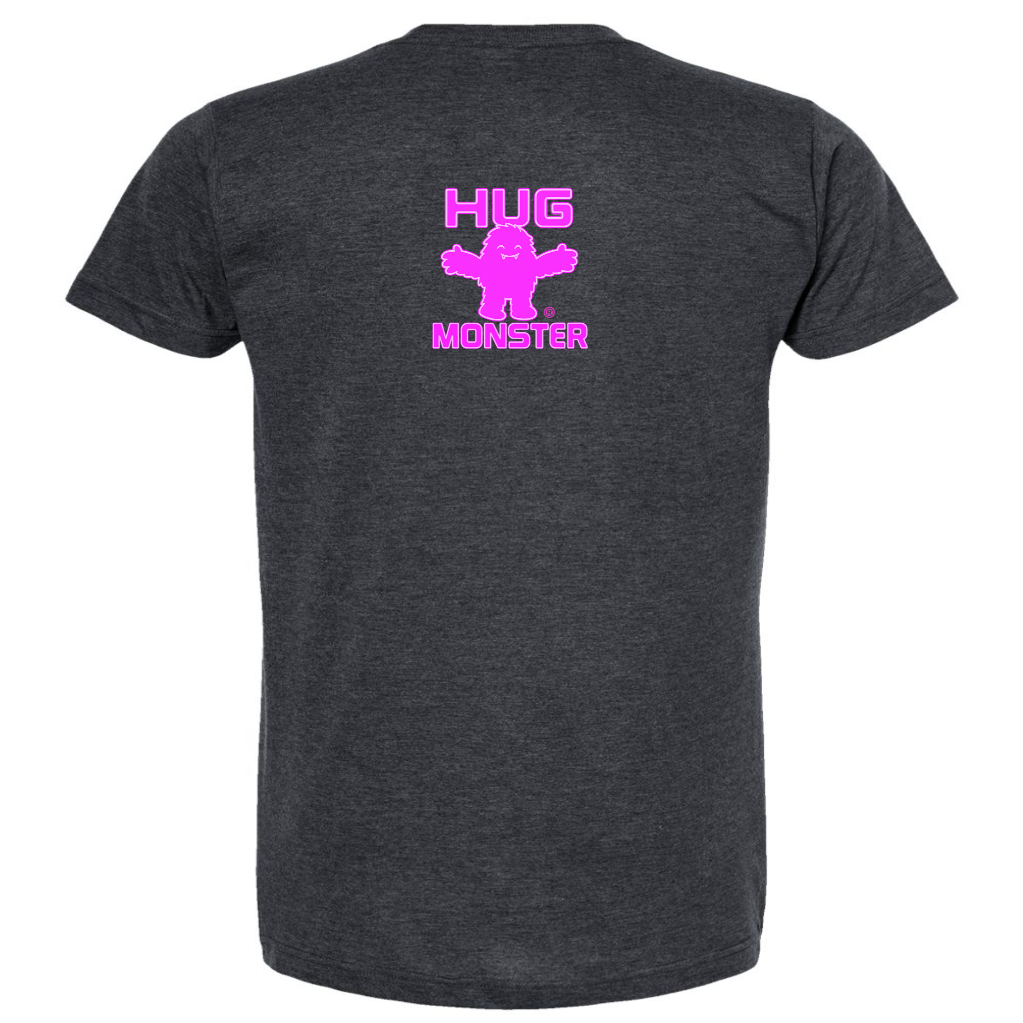 Hug Monster Tiny Retro Monster Hugs (Bright Pink Logo) T-Shirt - Positive Message Graphic Tee in Heather Graphite – Back View
