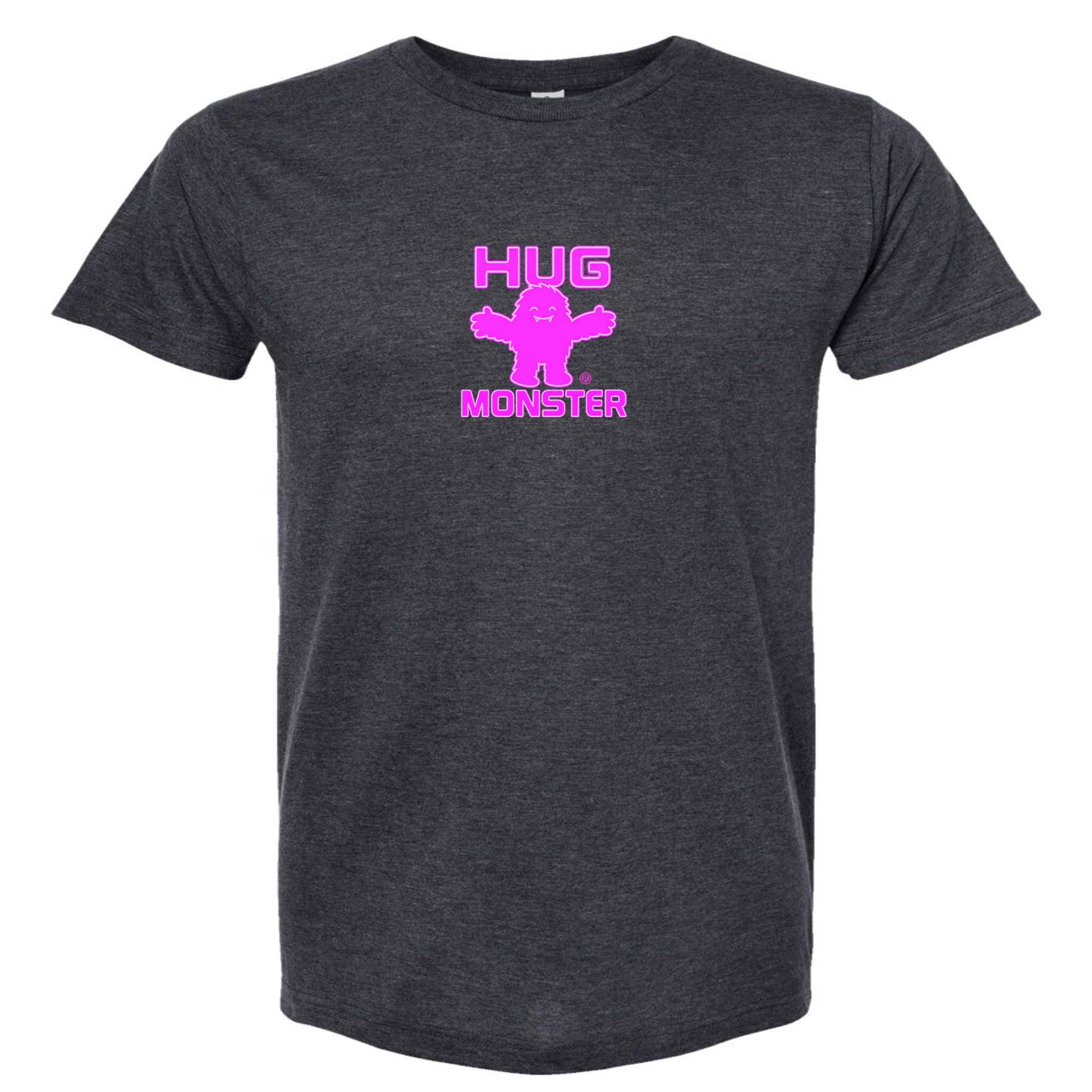 Hug Monster Tiny Retro Monster Hugs (Bright Pink Logo) T-Shirt in Heather Graphite – Front View
