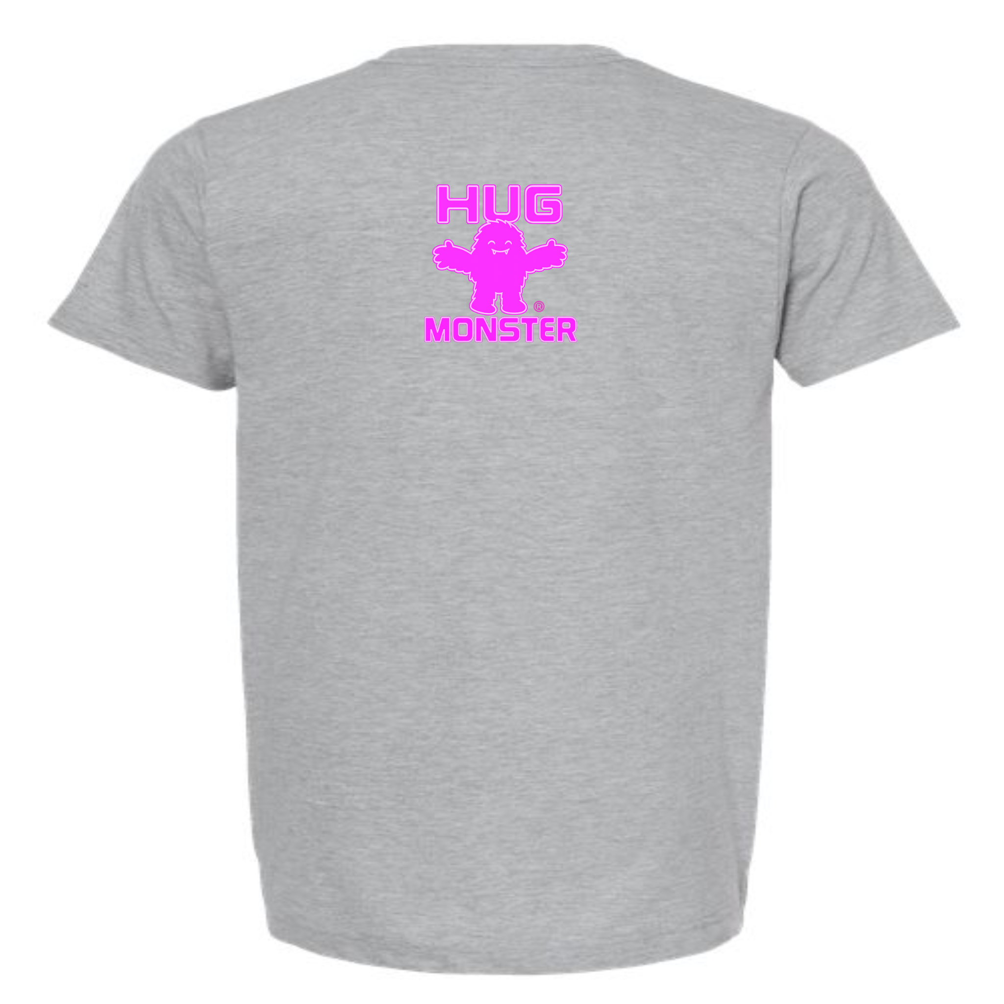 Hug Monster Tiny Retro Monster Hugs (Bright Pink Logo) T-Shirt - Positive Message Graphic Tee in Heather Grey – Back View