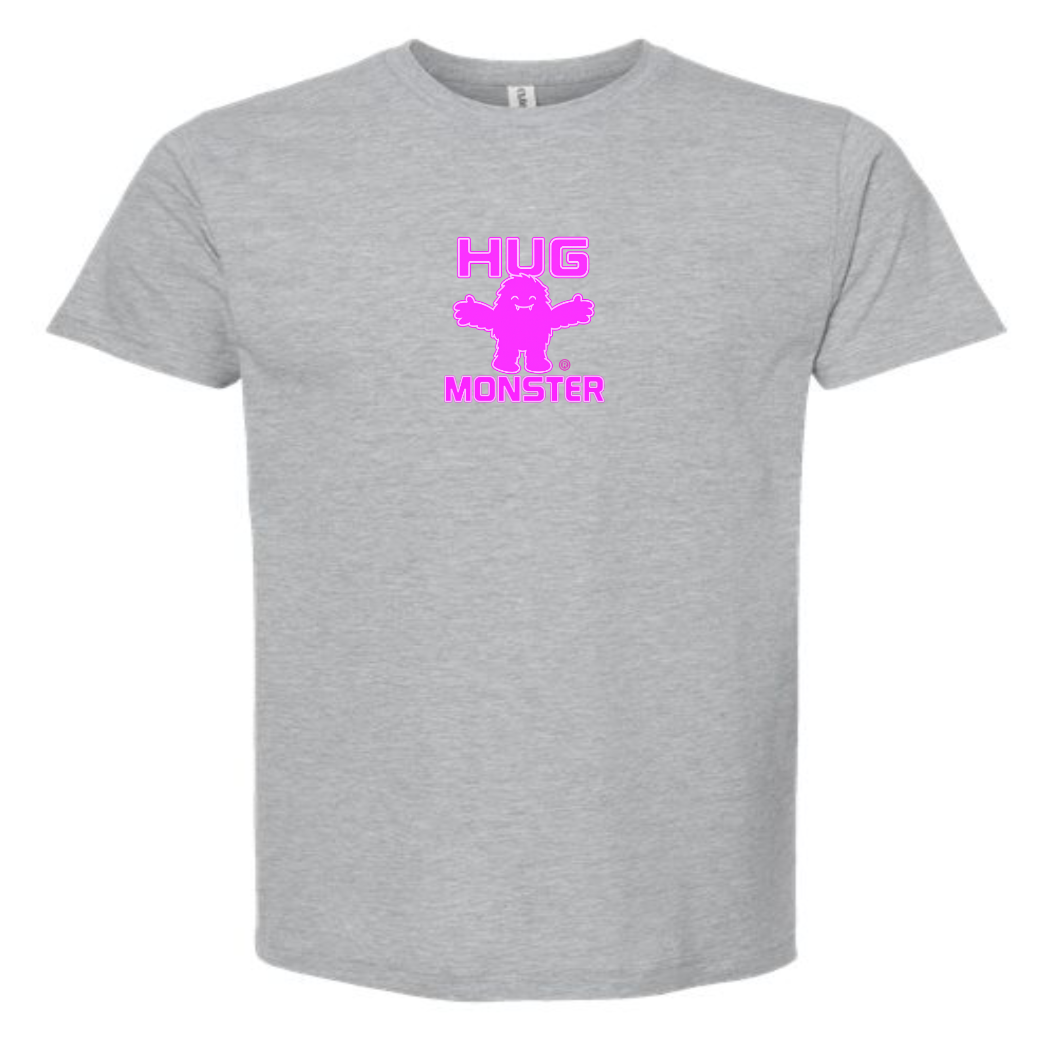 Hug Monster Tiny Retro Monster Hugs (Bright Pink Logo) T-Shirt - Positive Message Graphic Tee in Heather Grey – Front View