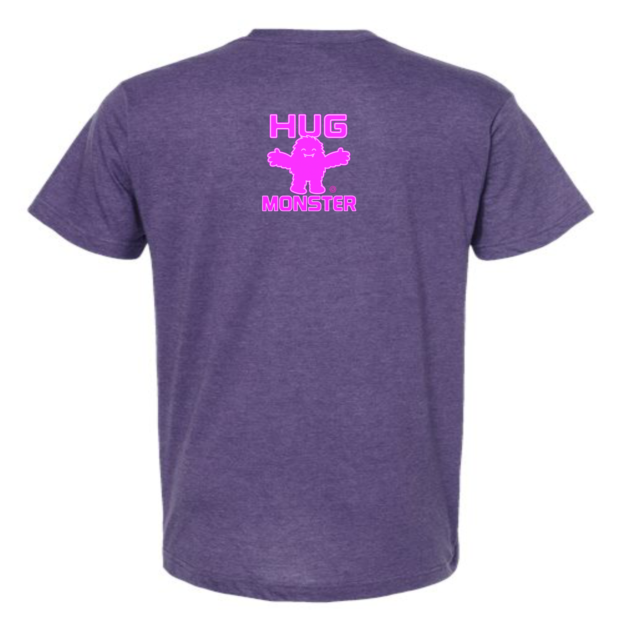 Hug Monster Tiny Retro Monster Hugs (Bright Pink Logo) T-Shirt - Positive Message Graphic Tee in Heather Purple – Back View