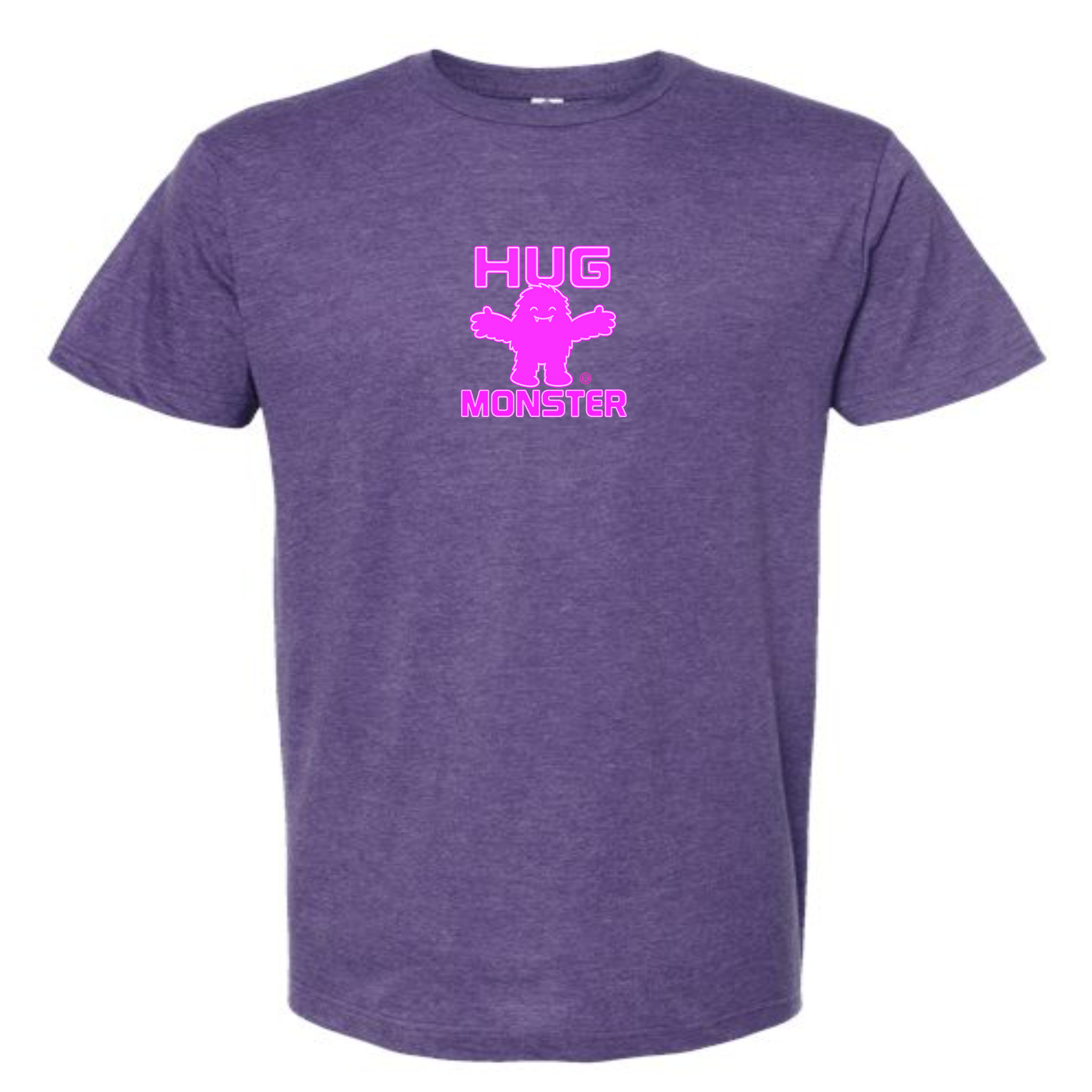 Hug Monster Tiny Retro Monster Hugs (Bright Pink Logo) T-Shirt - Positive Message Graphic Tee in Heather Purple – Front View