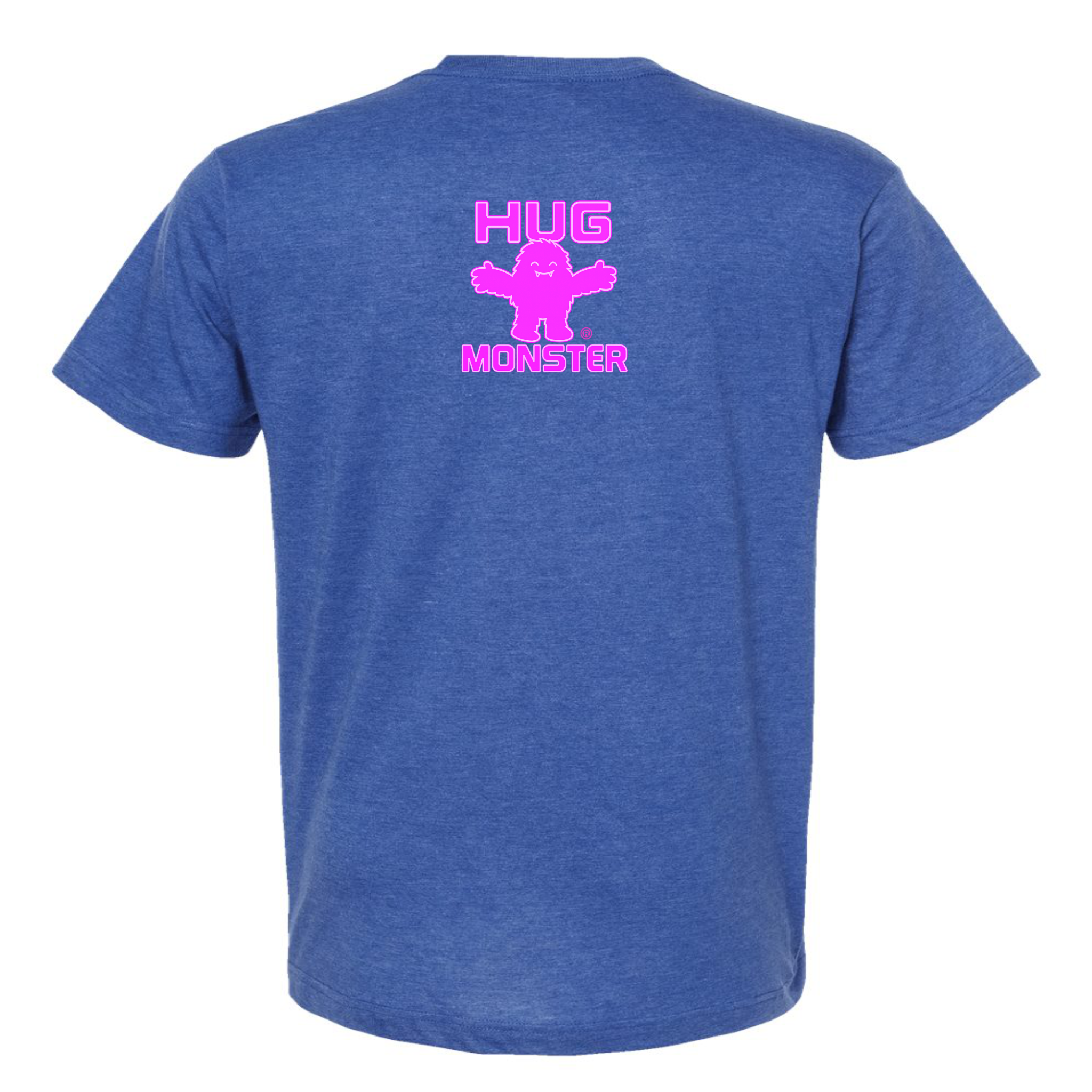 Hug Monster Tiny Retro Monster Hugs (Bright Pink Logo) T-Shirt in Heather Royal Blue – Back View