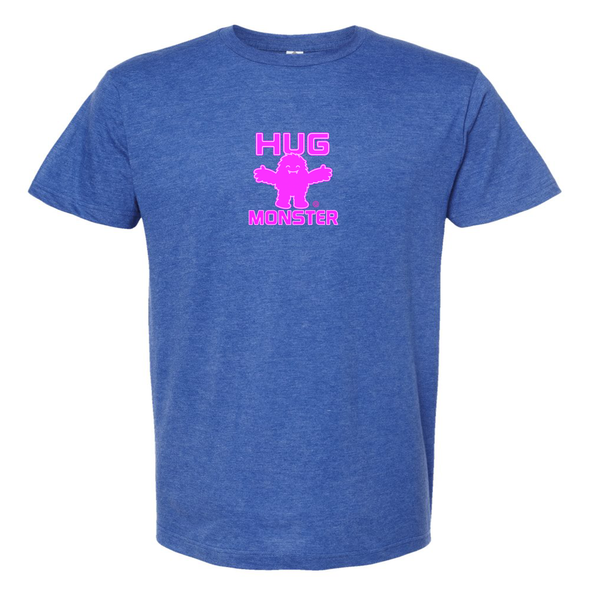 Hug Monster Tiny Retro Monster Hugs (Bright Pink Logo) T-Shirt in Heather Royal Blue – Front View