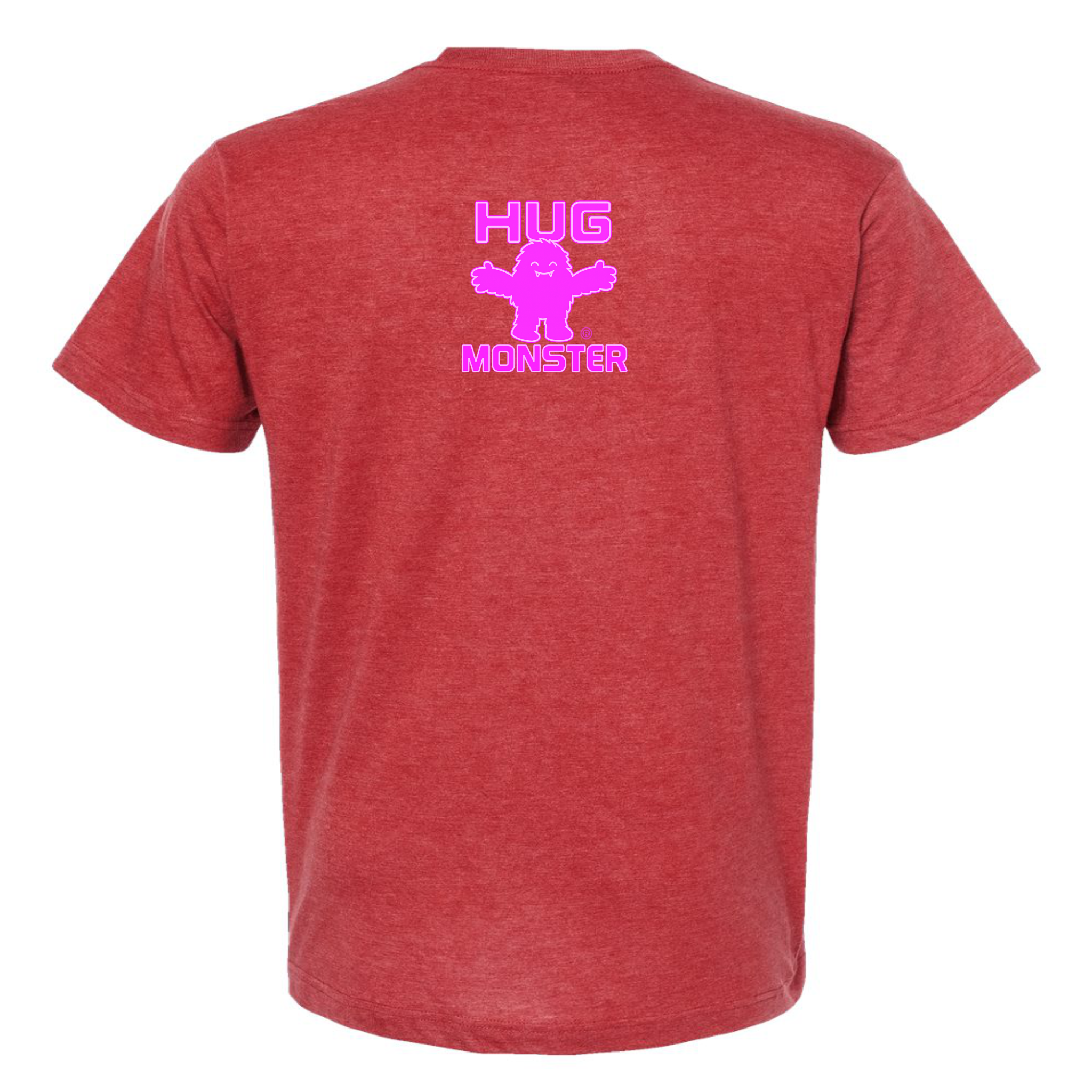 Hug Monster Tiny Retro Monster Hugs (Bright Pink Logo) T-Shirt in Heather Scarlete Red – Back View