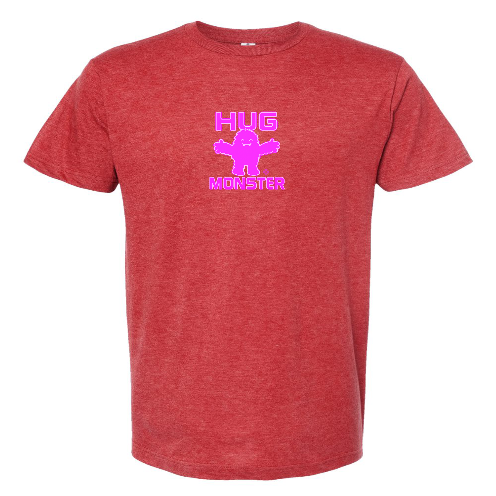 Hug Monster Tiny Retro Monster Hugs (Bright Pink Logo) T-Shirt in Heather Scarlete Red – Front View