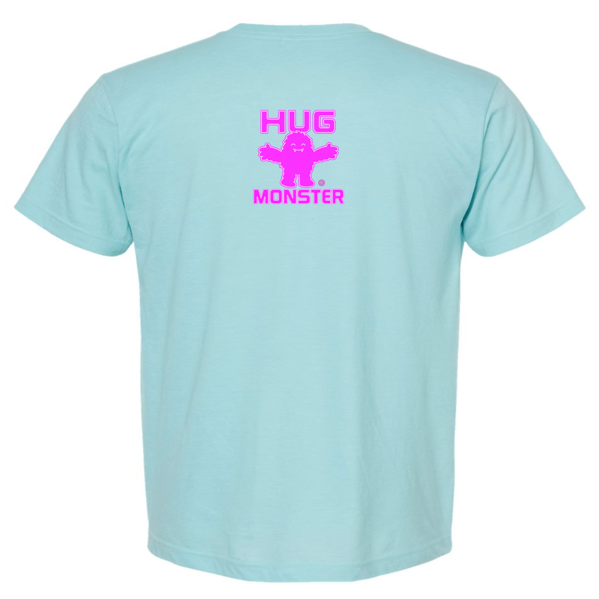 Hug Monster Tiny Retro Monster Hugs (Bright Pink Logo) T-Shirt in Heather Turquoise – Back View