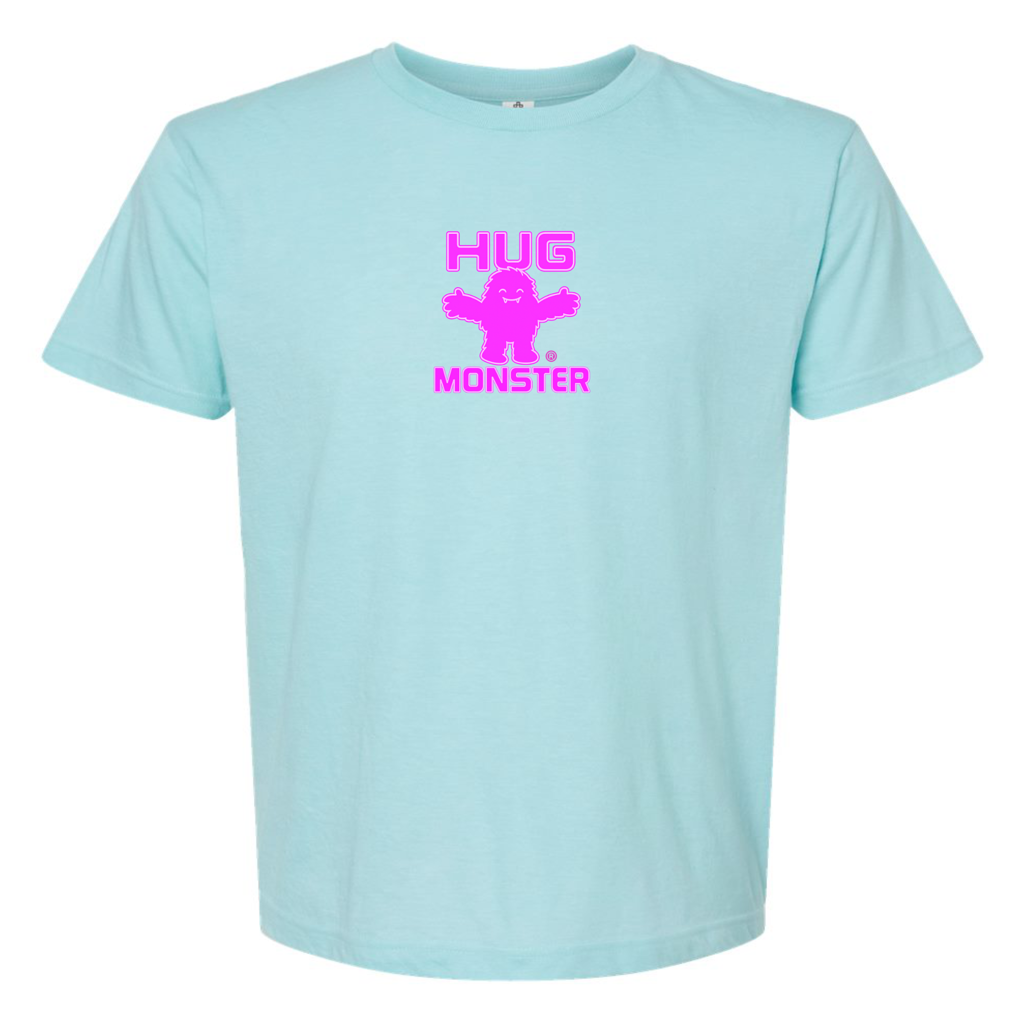 Hug Monster Tiny Retro Monster Hugs (Bright Pink Logo) T-Shirt in Heather Turquoise – Front View