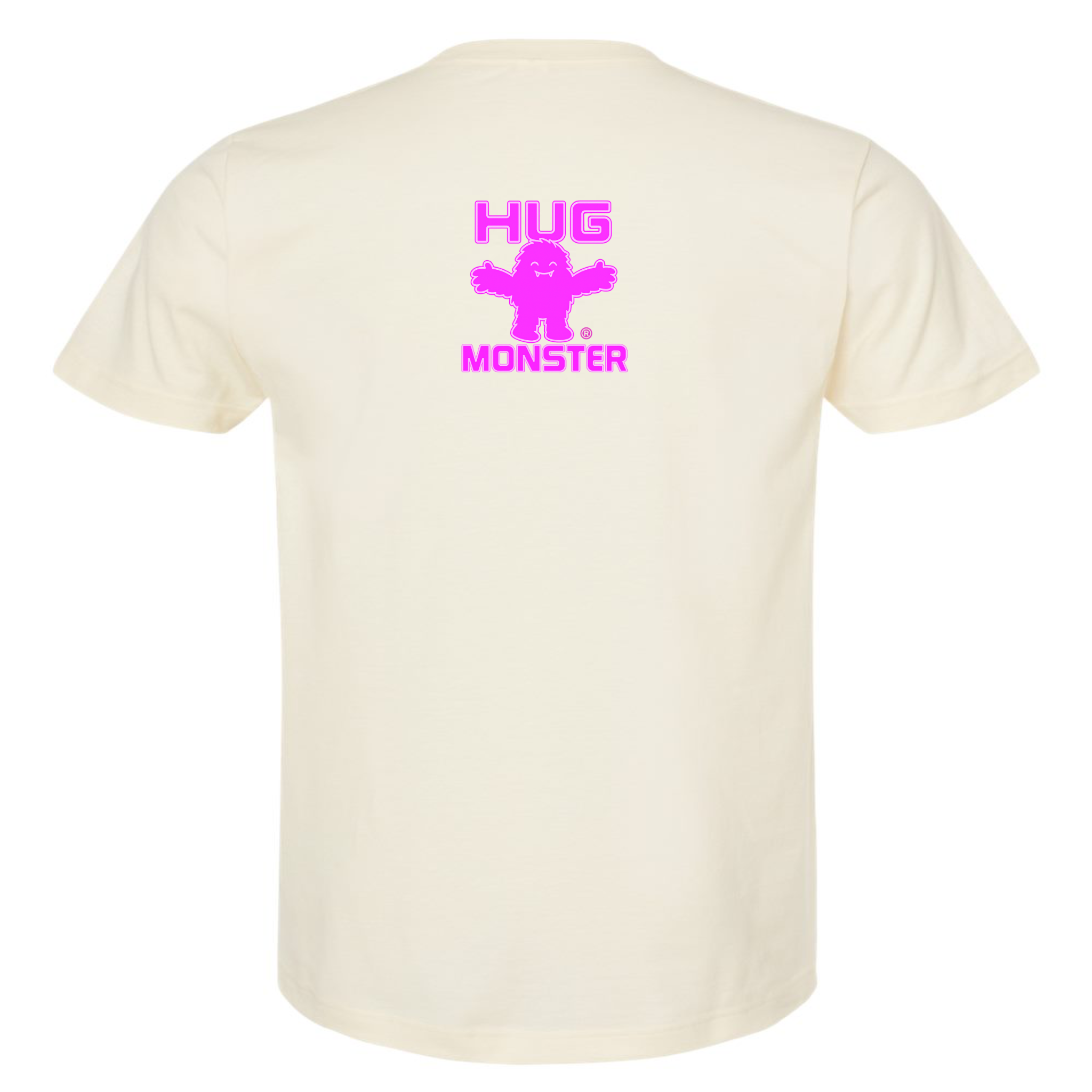 Hug Monster Tiny Retro Monster Hugs (Bright Pink Logo) T-Shirt - Positive Message Graphic Tee in Natural – Back View