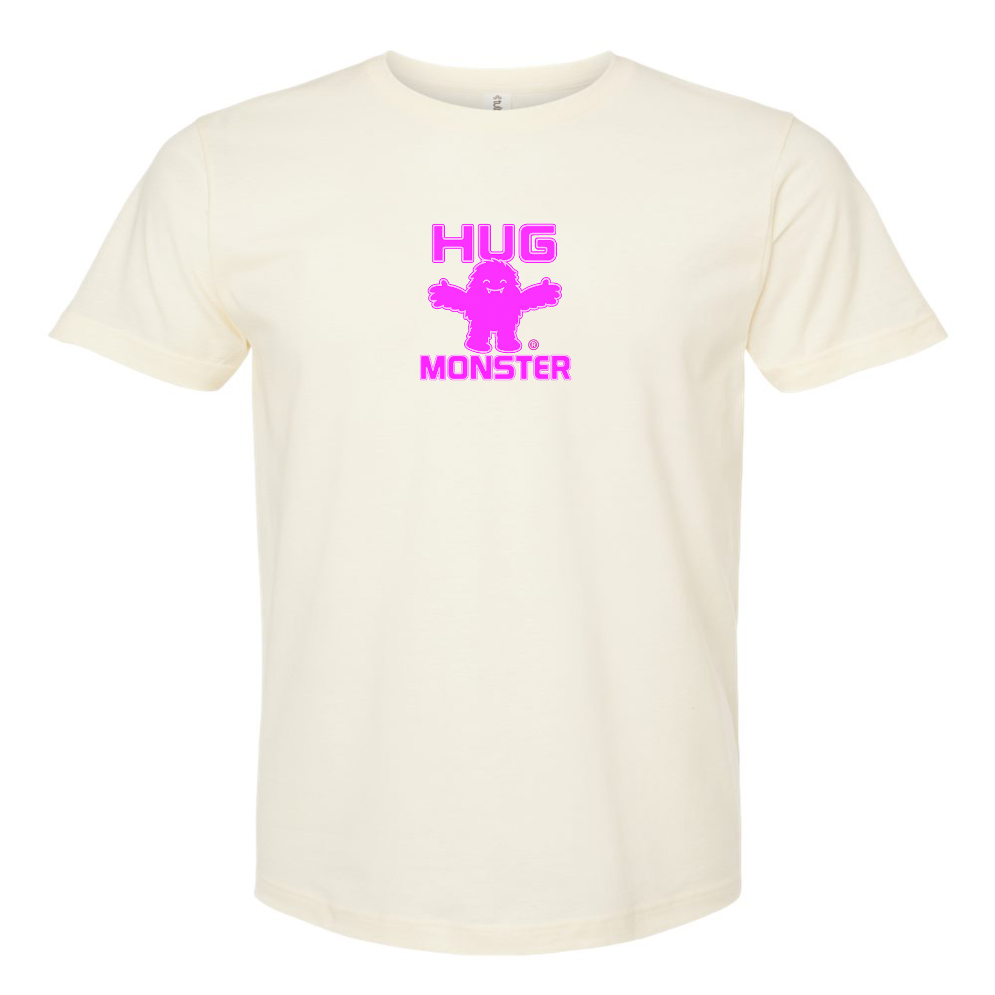 Hug Monster Tiny Retro Monster Hugs (Bright Pink Logo) T-Shirt - Positive Message Graphic Tee in Natural – Front View