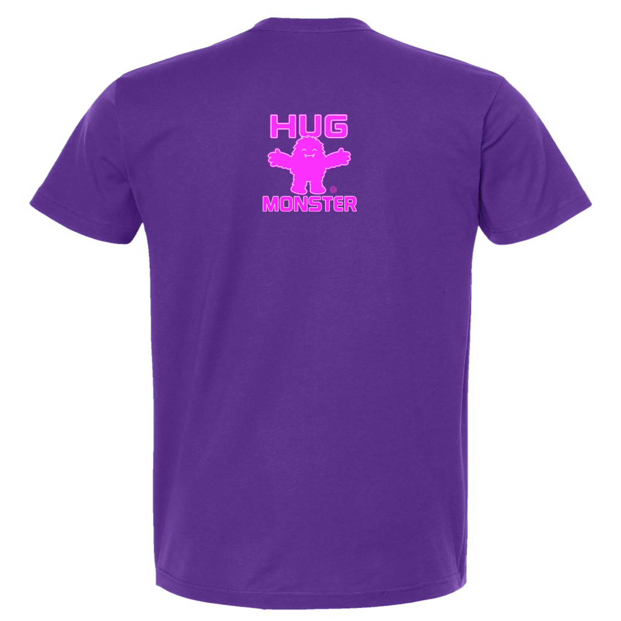 Hug Monster Tiny Retro Monster Hugs (Bright Pink Logo) T-Shirt - Positive Message Graphic Tee in Purple – Back View