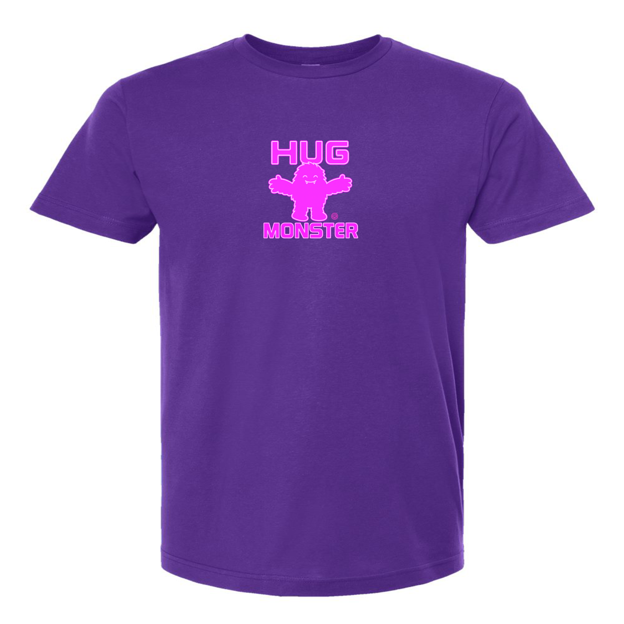 Hug Monster Tiny Retro Monster Hugs (Bright Pink Logo) T-Shirt - Positive Message Graphic Tee in Purple – Front View