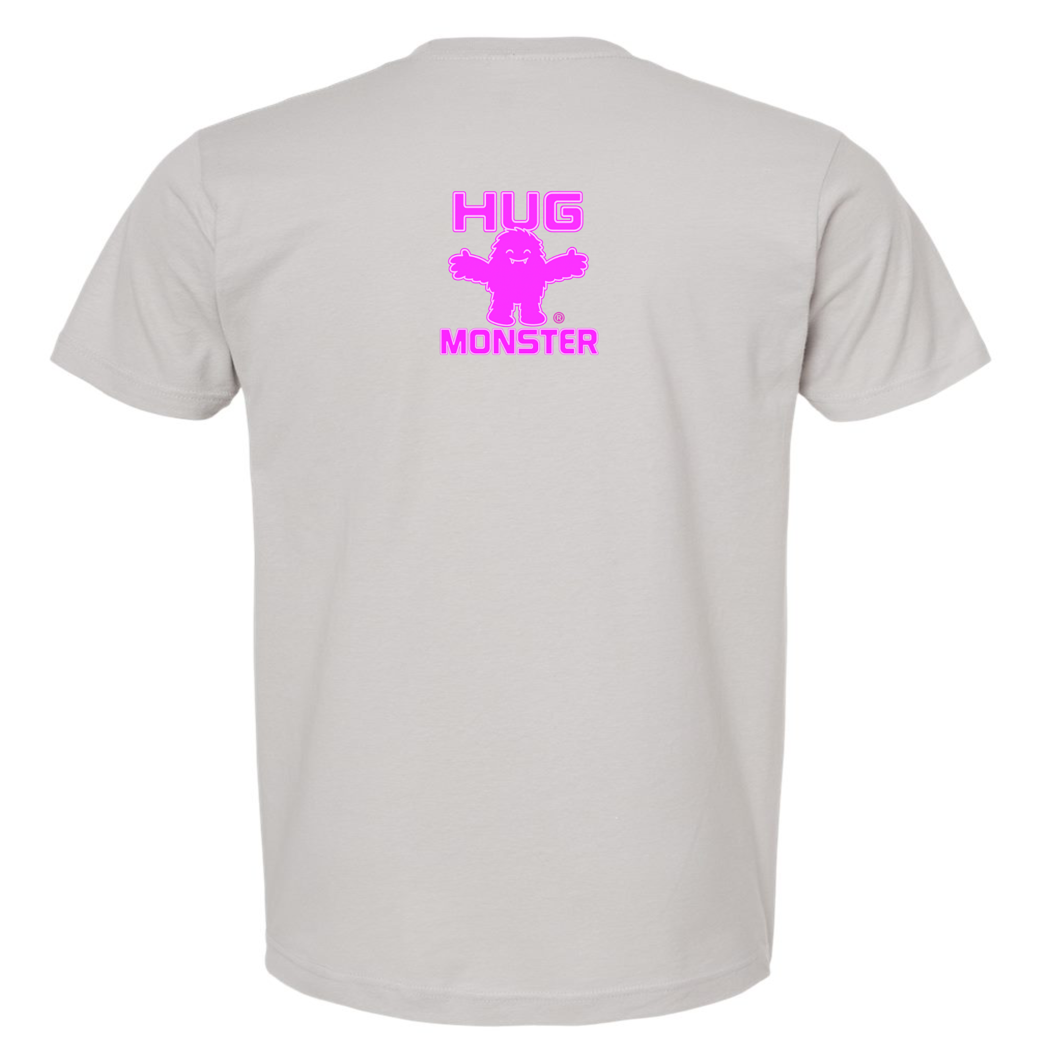 Hug Monster Tiny Retro Monster Hugs (Bright Pink Logo) T-Shirt - Positive Message Graphic Tee in Silver – Back View