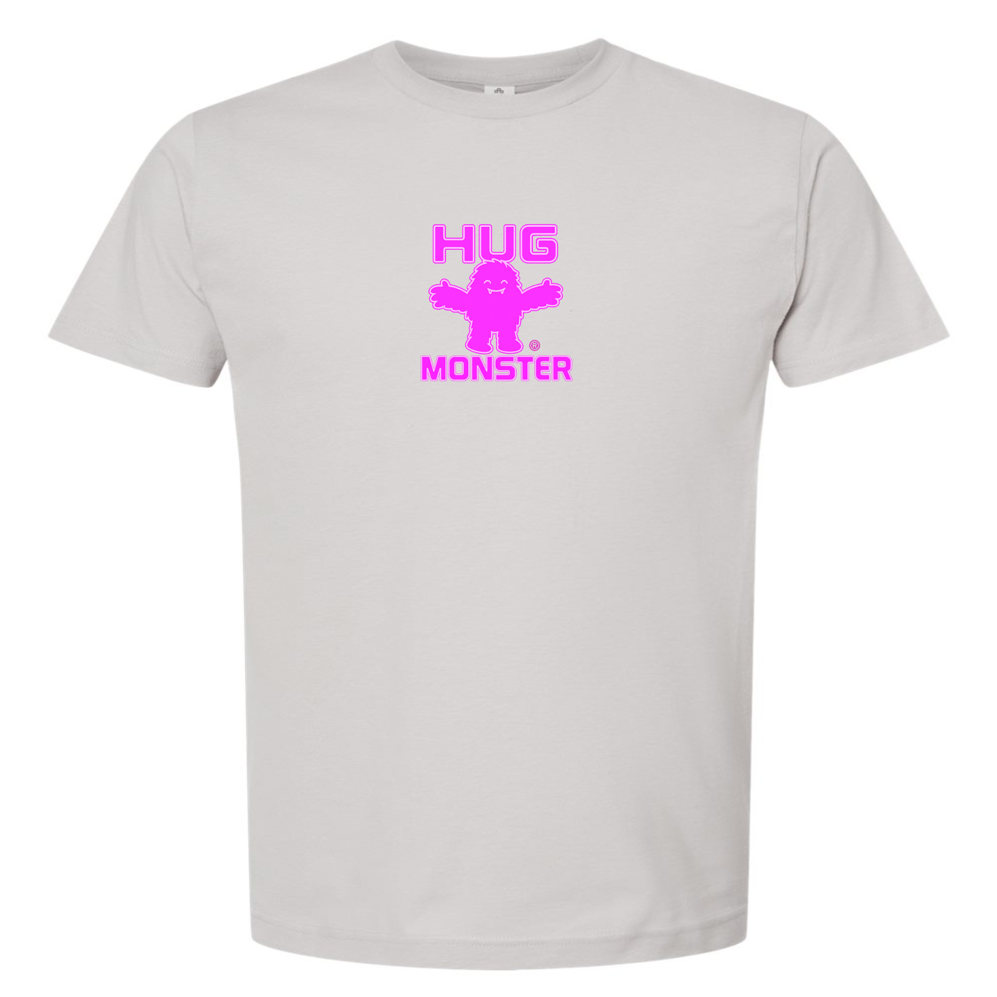 Hug Monster Tiny Retro Monster Hugs (Bright Pink Logo) T-Shirt - Positive Message Graphic Tee in Silver – Front View