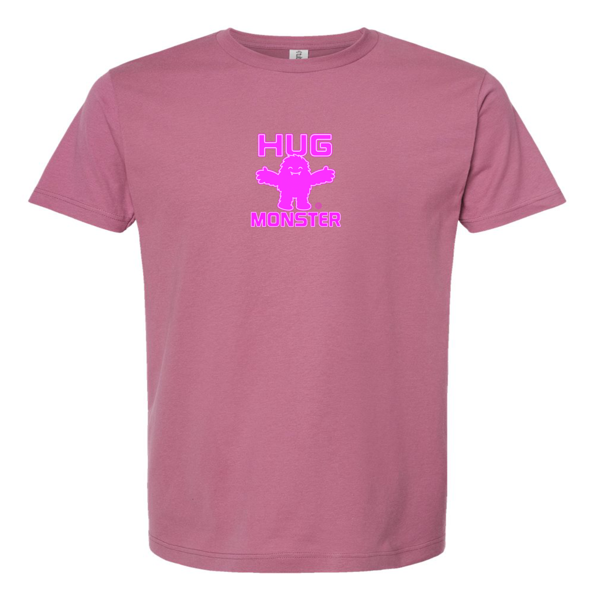 Hug Monster Tiny Retro Monster Hugs (Bright Pink Logo) T-Shirt in Soft Dusty Rose Pink – Front View