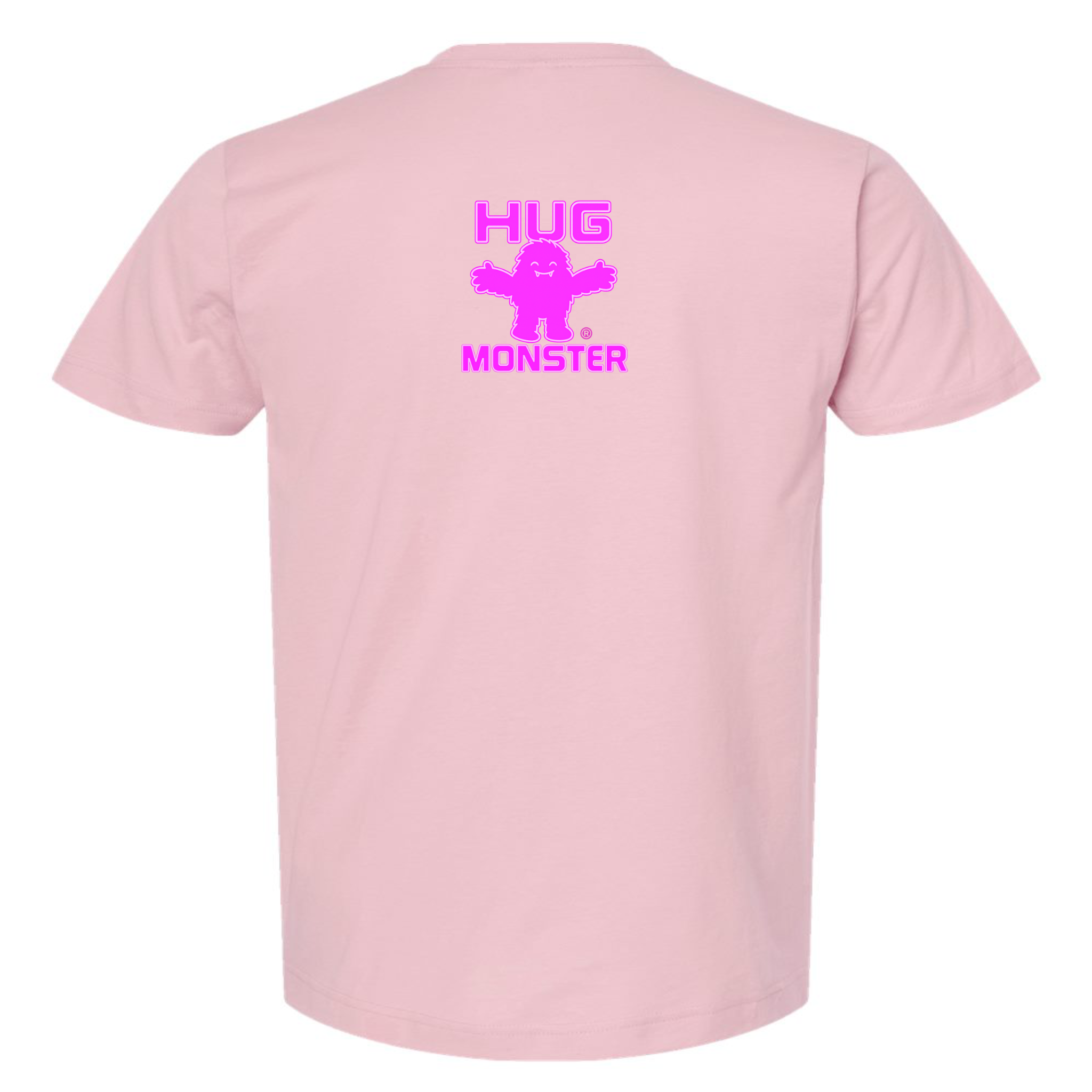 Hug Monster Tiny Retro Monster Hugs (Bright Pink Logo) T-Shirt - Positive Message Graphic Tee in Soft Pink – Back View