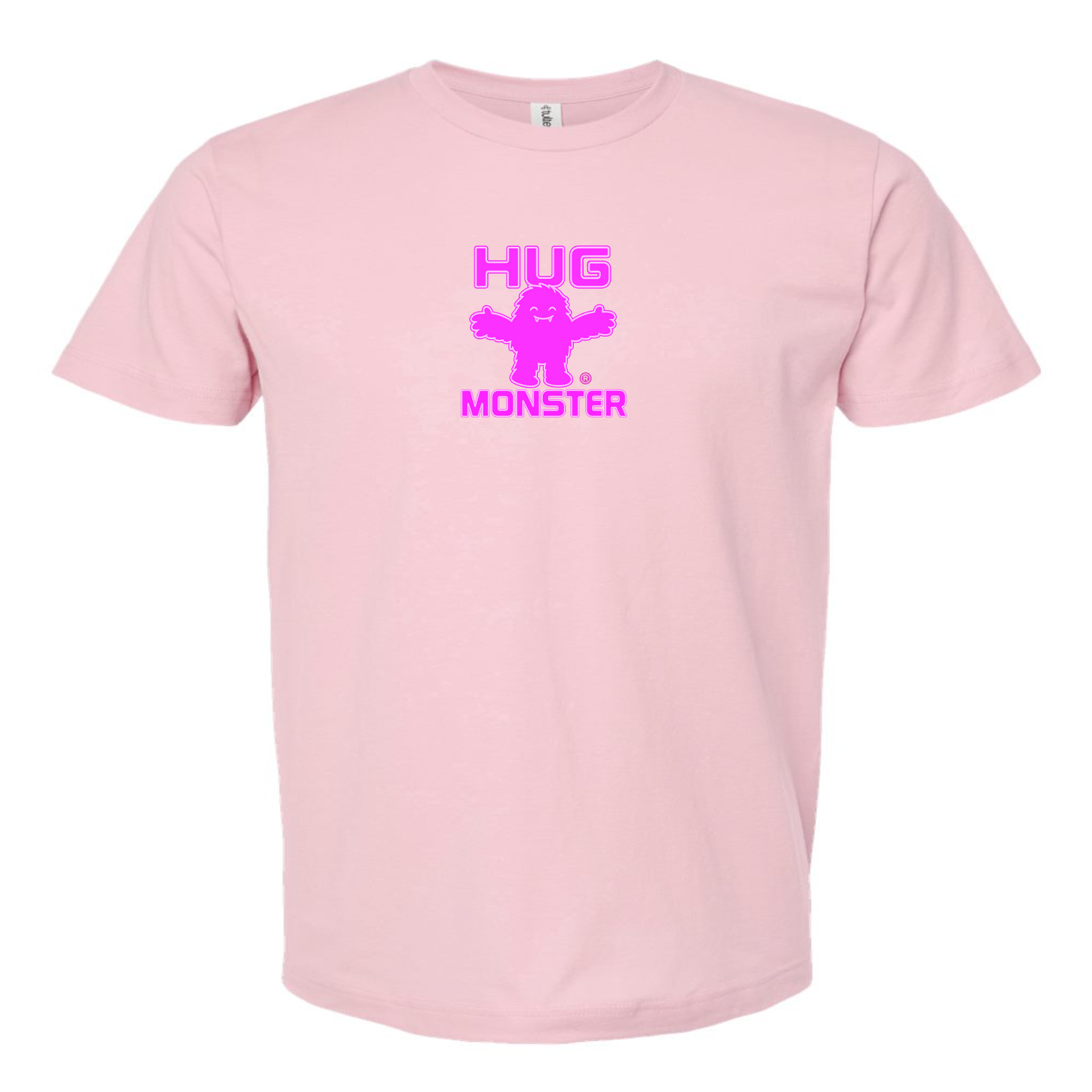 Hug Monster Tiny Retro Monster Hugs (Bright Pink Logo) T-Shirt - Positive Message Graphic Tee in Soft Pink – Front View