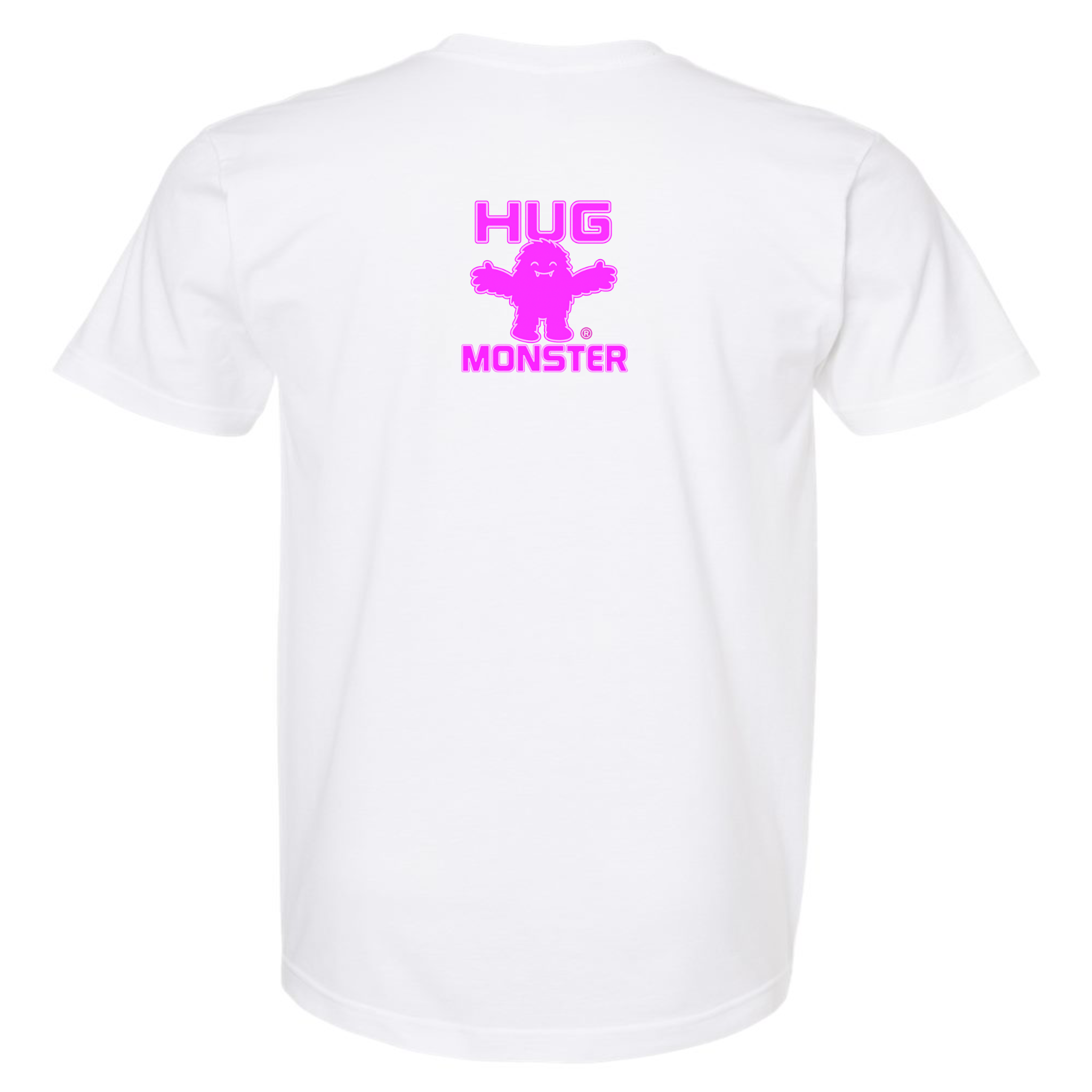 Hug Monster Tiny Retro Monster Hugs (Bright Pink Logo) T-Shirt - Positive Message Graphic Tee in White – Back View