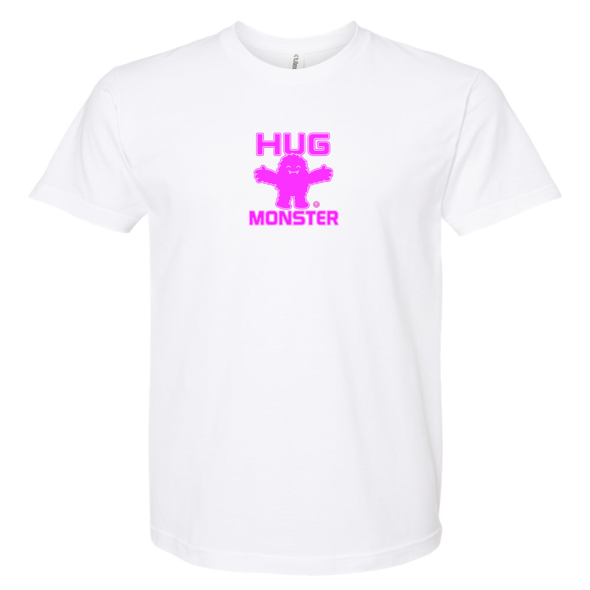 Hug Monster Tiny Retro Monster Hugs (Bright Pink Logo) T-Shirt - Positive Message Graphic Tee in White – Front View