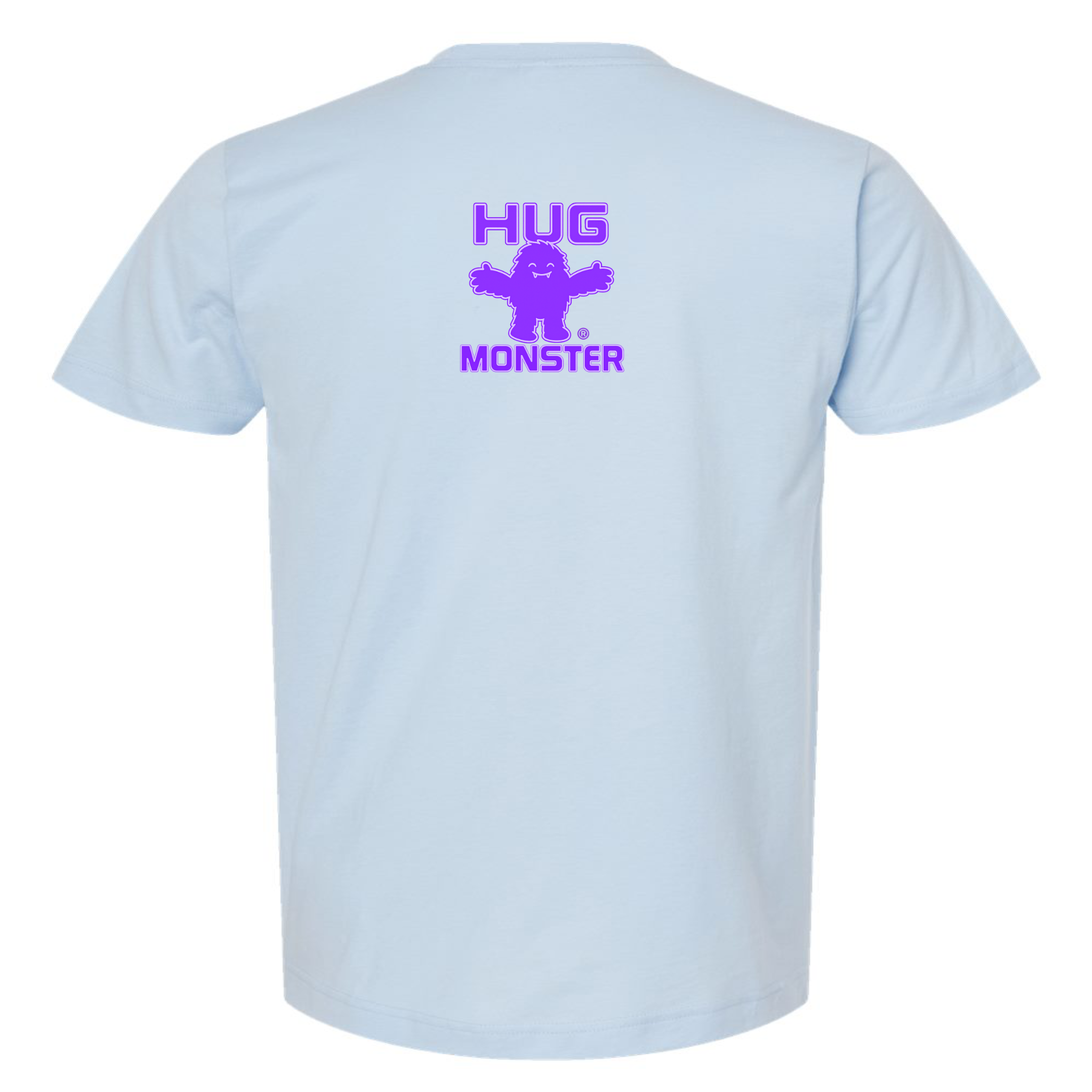Hug Monster Tiny Retro Monster Hugs (Purple Logo) T-Shirt - Positive Message Graphic Tee in Baby Blue – Back View