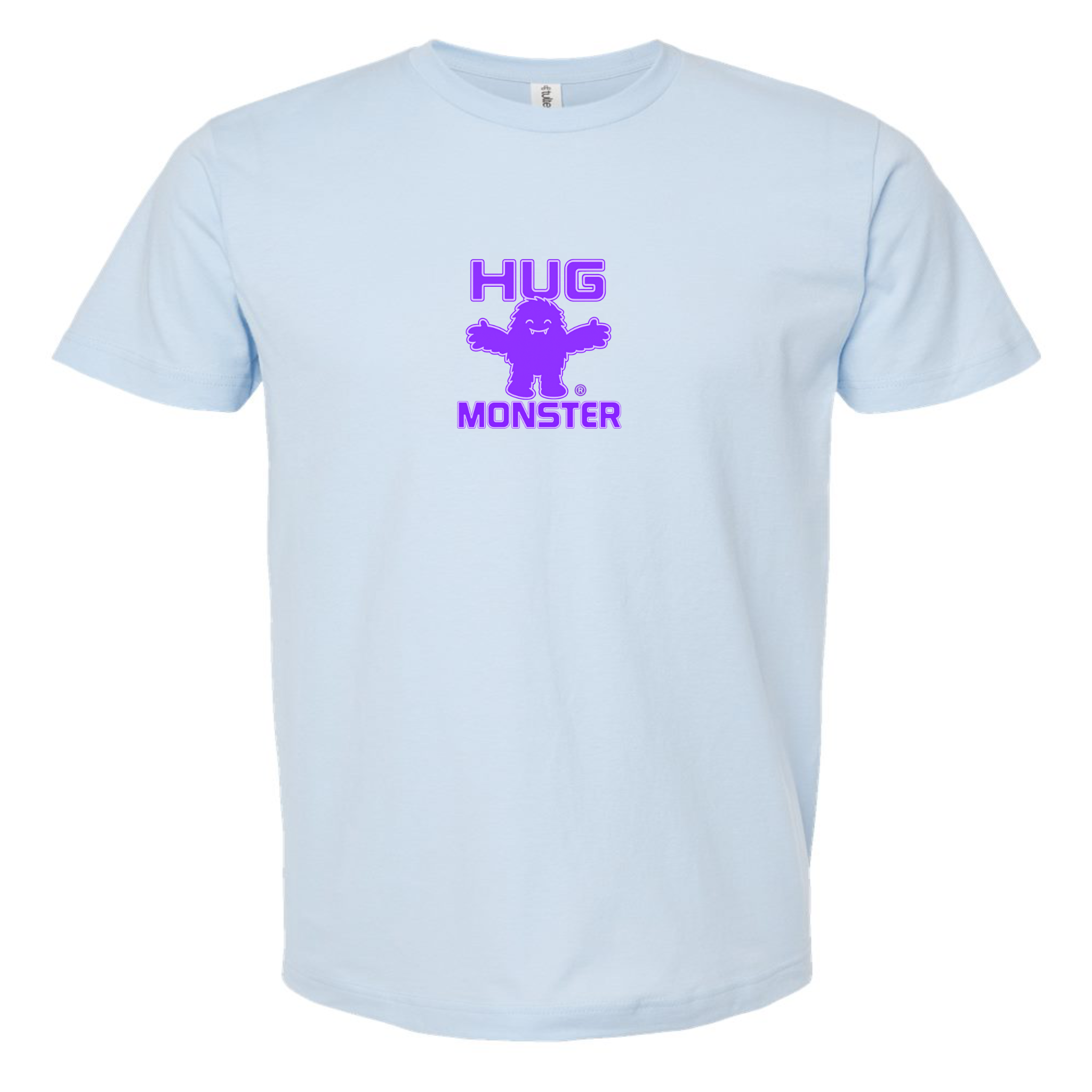 Hug Monster Tiny Retro Monster Hugs (Purple Logo) T-Shirt - Positive Message Graphic Tee in Baby Blue – Front View