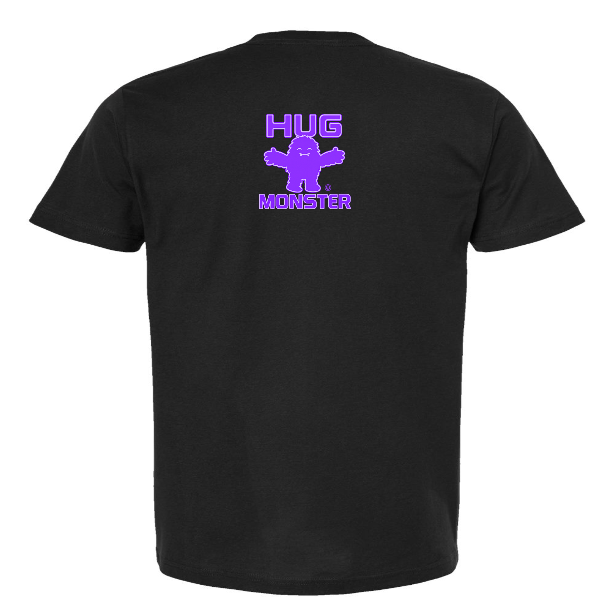 Hug Monster Tiny Retro Monster Hugs (Purple Logo) T-Shirt - Positive Message Graphic Tee in Black – Back View