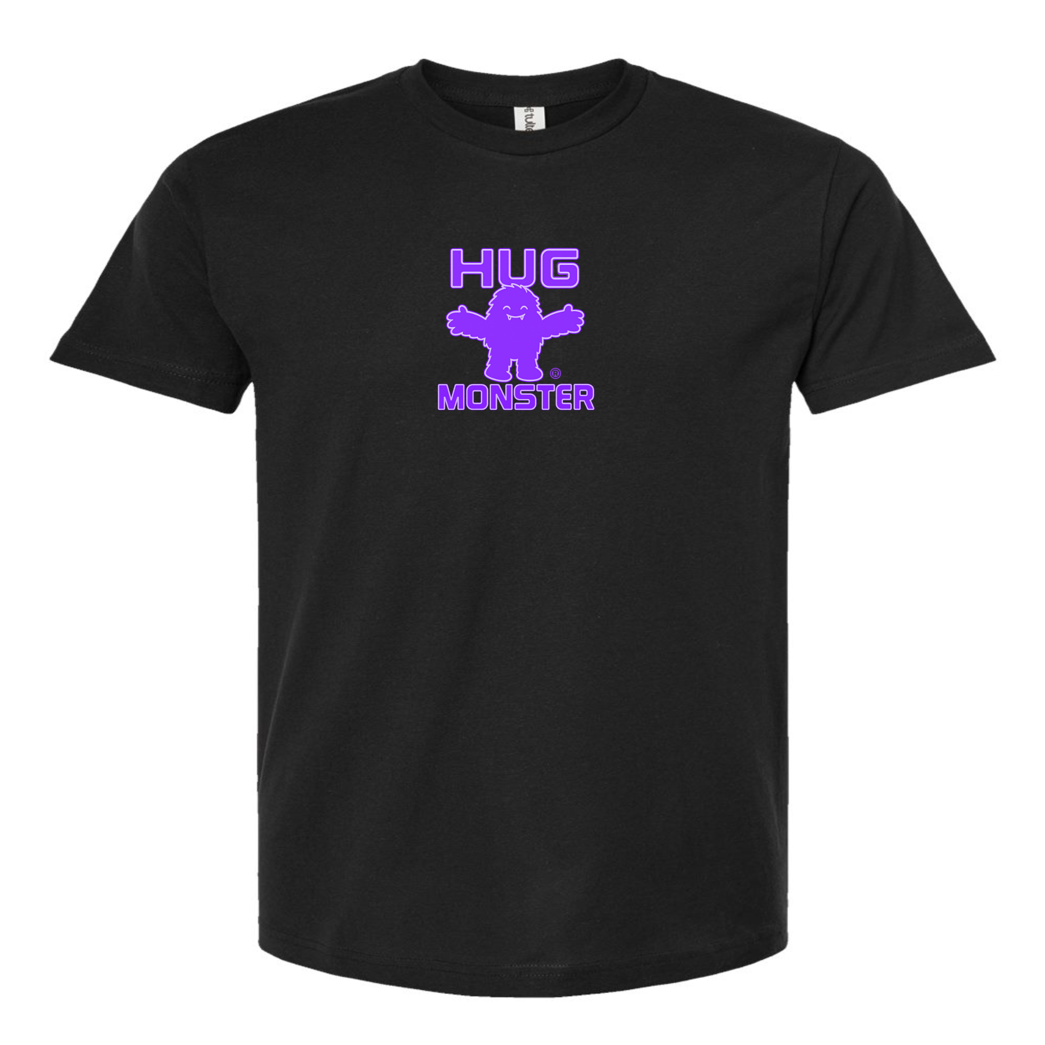Hug Monster Tiny Retro Monster Hugs (Purple Logo) T-Shirt - Positive Message Graphic Tee in Black – Front View