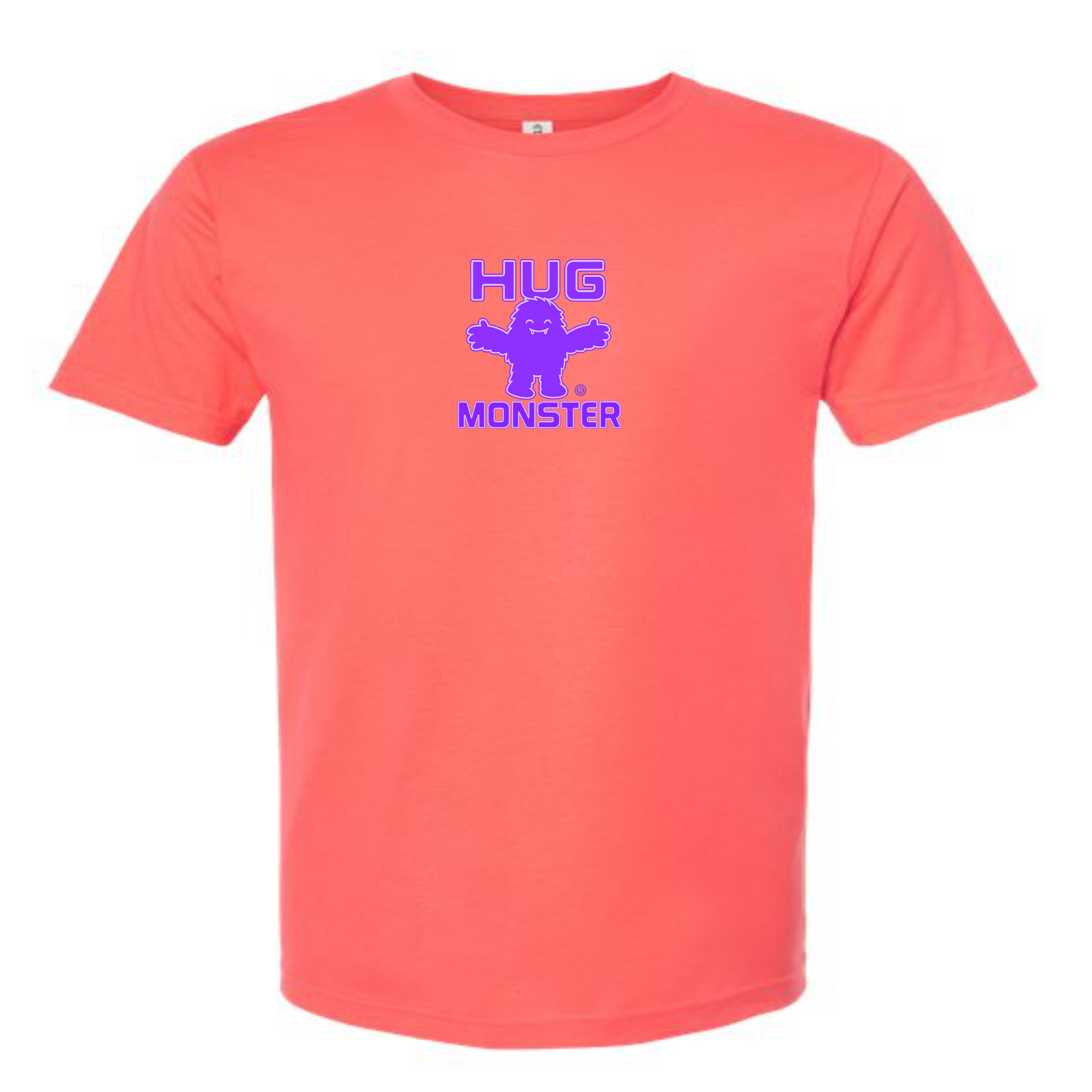 Hug Monster Tiny Retro Monster Hugs (Purple Logo) T-Shirt - Positive Message Graphic Tee in Bright Coral – Front View