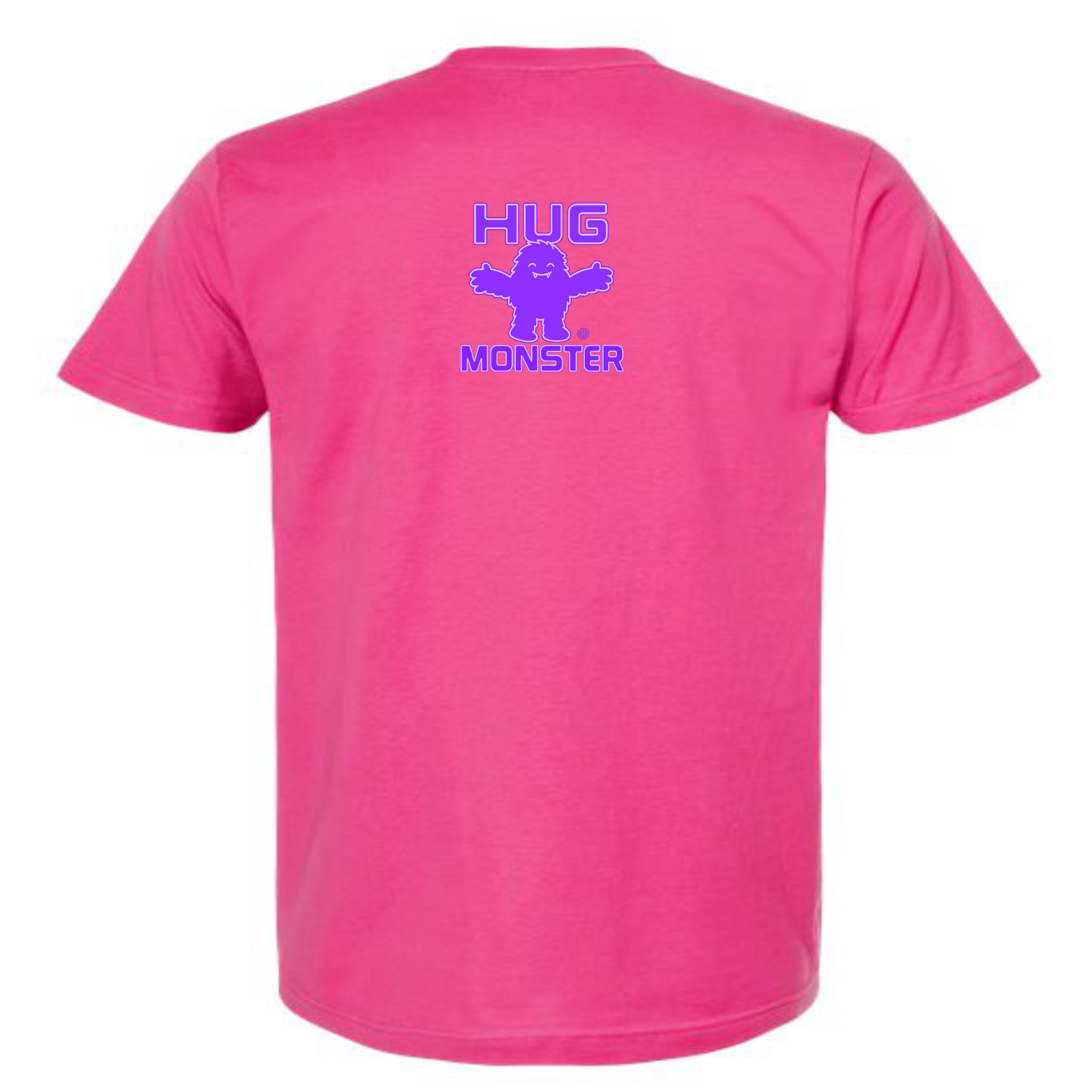 Hug Monster Tiny Retro Monster Hugs (Purple Logo) T-Shirt - Positive Message Graphic Tee in Bright Fuscia – Back View