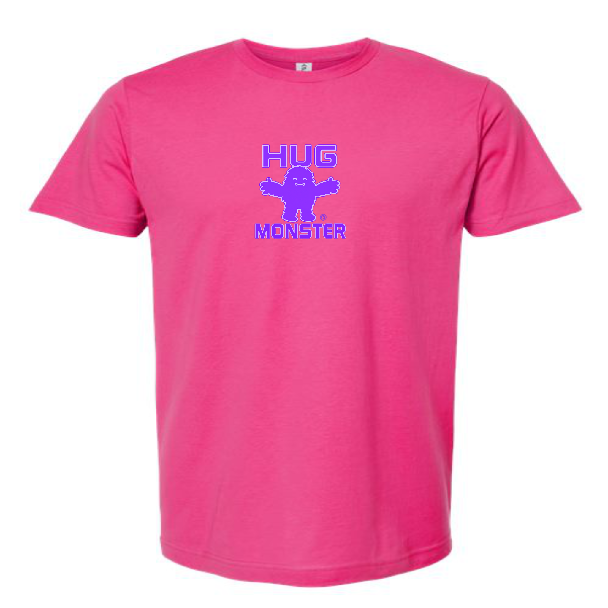 Hug Monster Tiny Retro Monster Hugs (Purple Logo) T-Shirt - Positive Message Graphic Tee in Bright Fuscia – Front View
