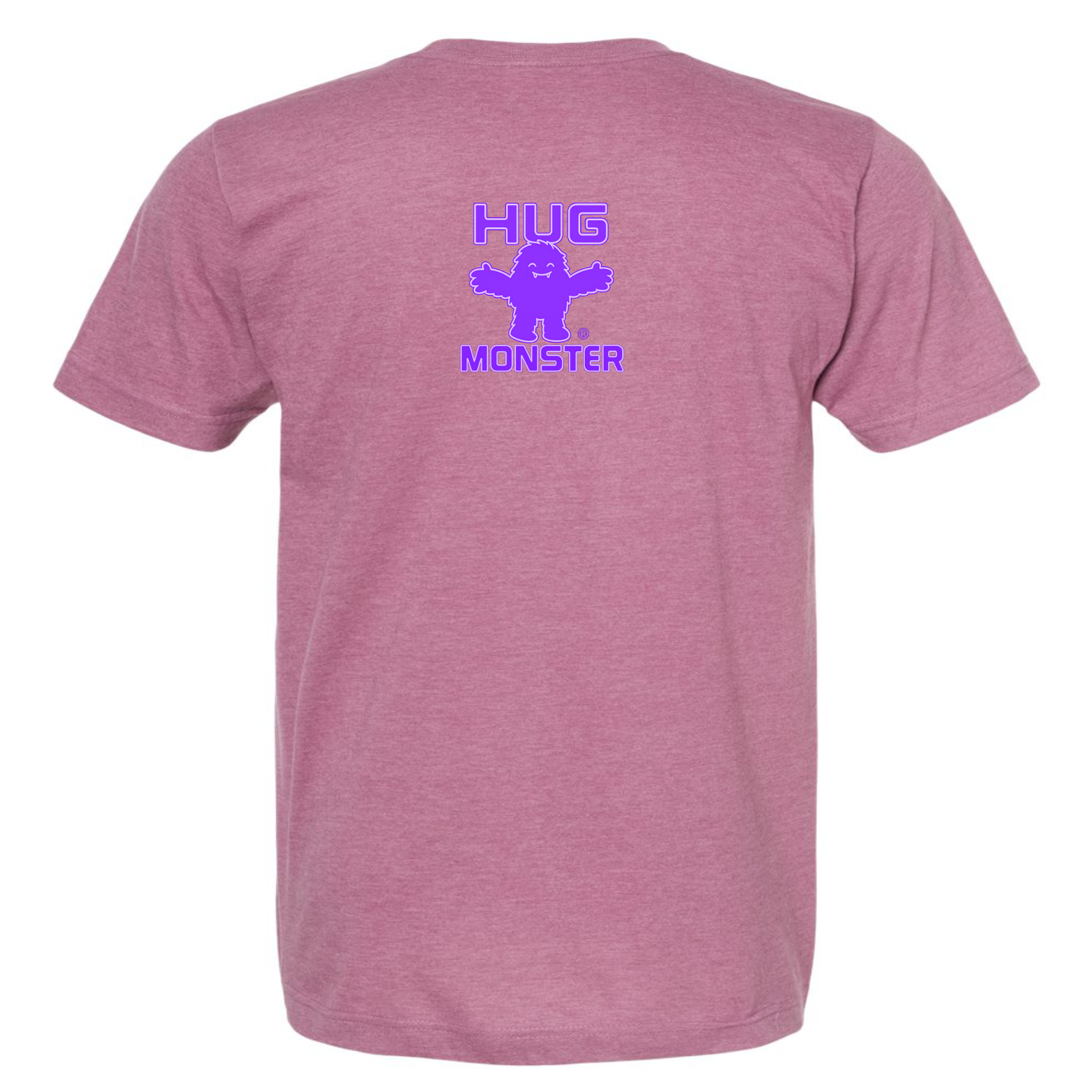 Hug Monster Tiny Retro Monster Hugs (Purple Logo) T-Shirt in Heather Dusty Rose Pink – Back View