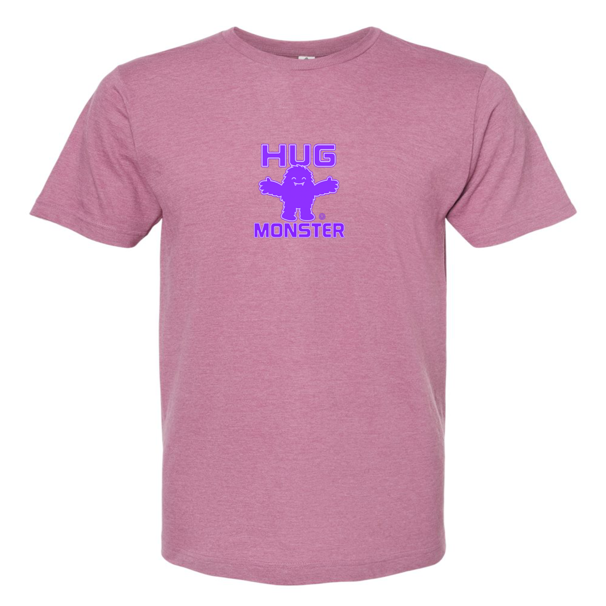 Hug Monster Tiny Retro Monster Hugs (Purple Logo) T-Shirt in Heather Dusty Rose Pink – Front View