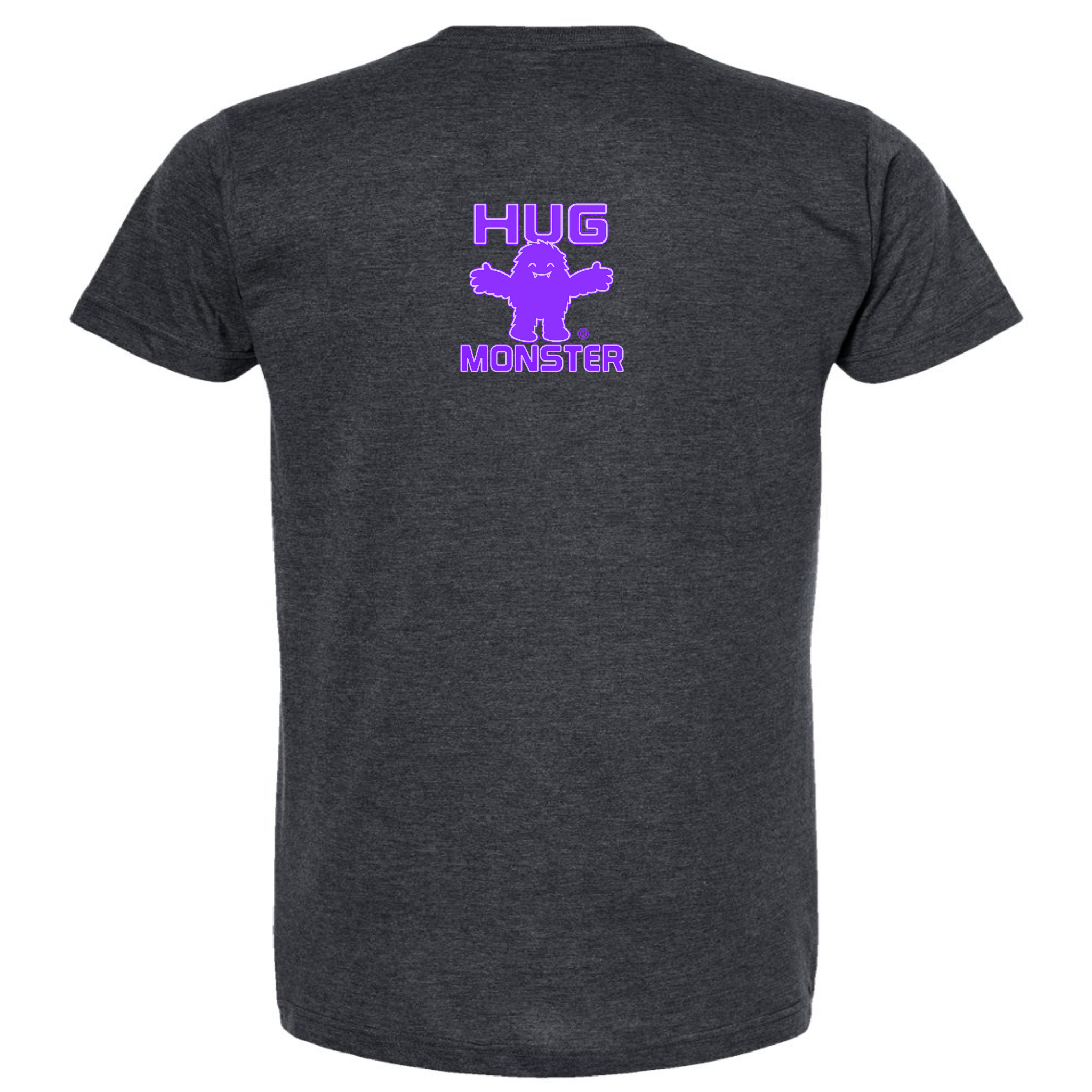 Hug Monster Tiny Retro Monster Hugs (Purple Logo) T-Shirt - Positive Message Graphic Tee in Heather Graphite – Back View