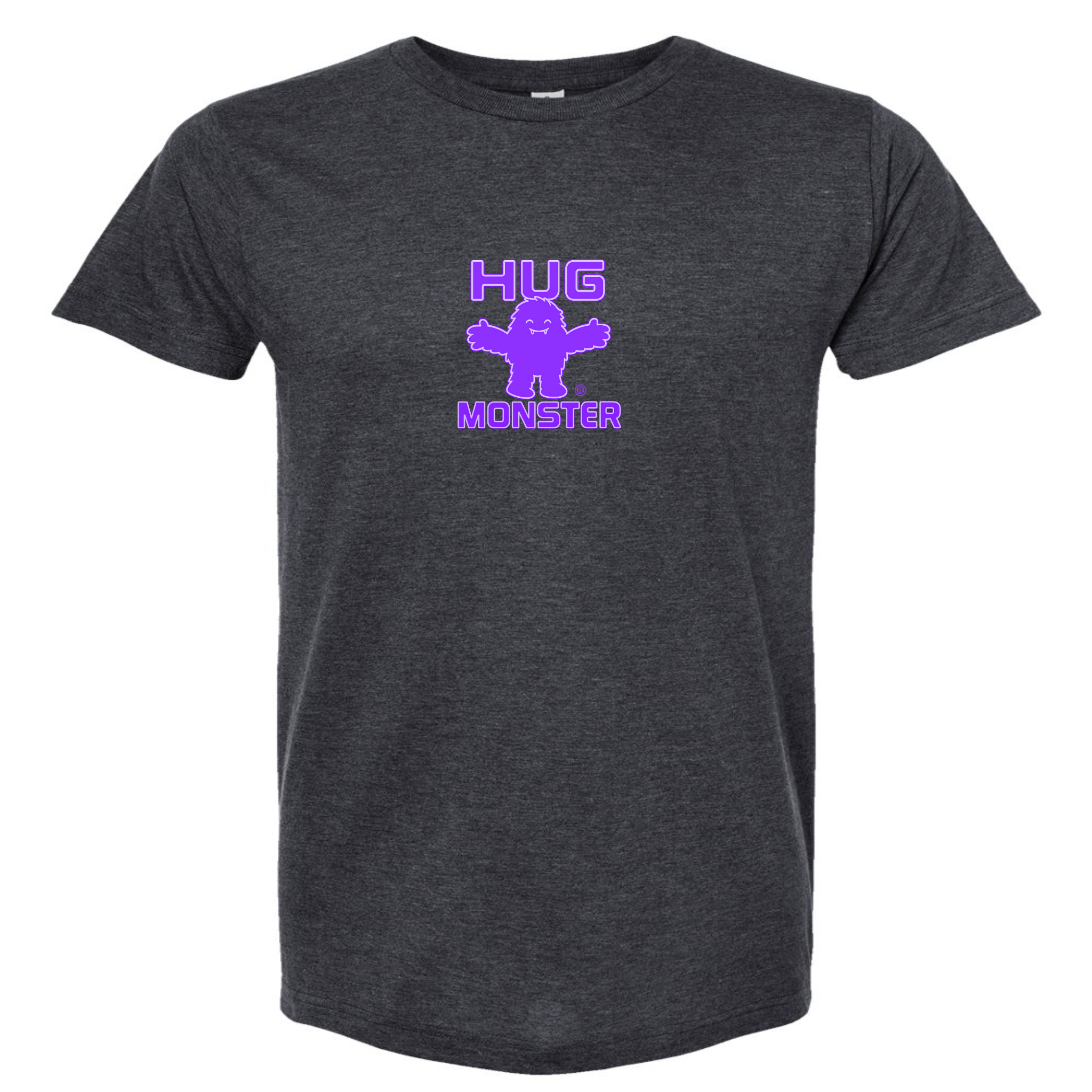 Hug Monster Tiny Retro Monster Hugs (Purple Logo) T-Shirt - Positive Message Graphic Tee in Heather Graphite – Front View