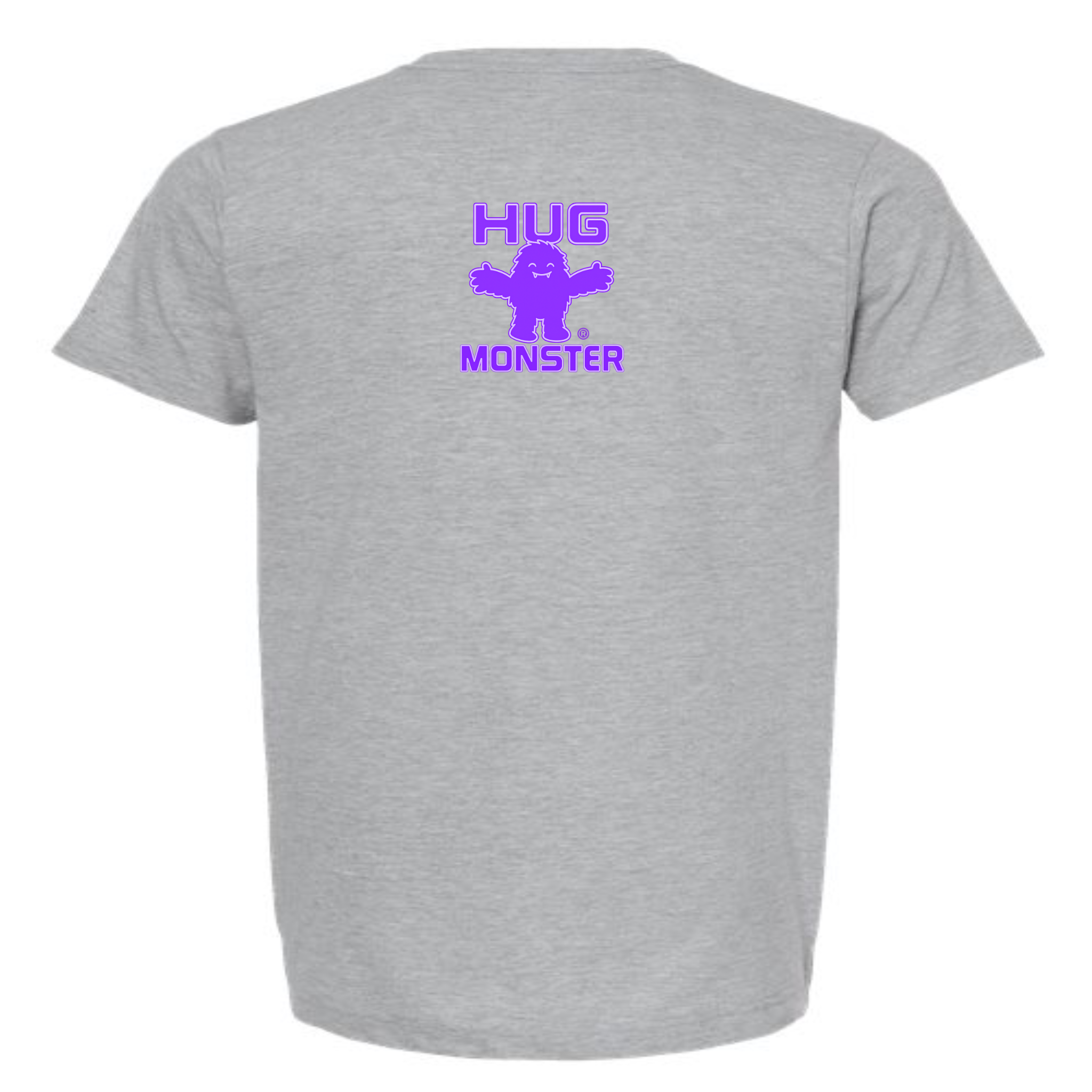 Hug Monster Tiny Retro Monster Hugs (Purple Logo) T-Shirt - Positive Message Graphic Tee in Heather Grey – Back View