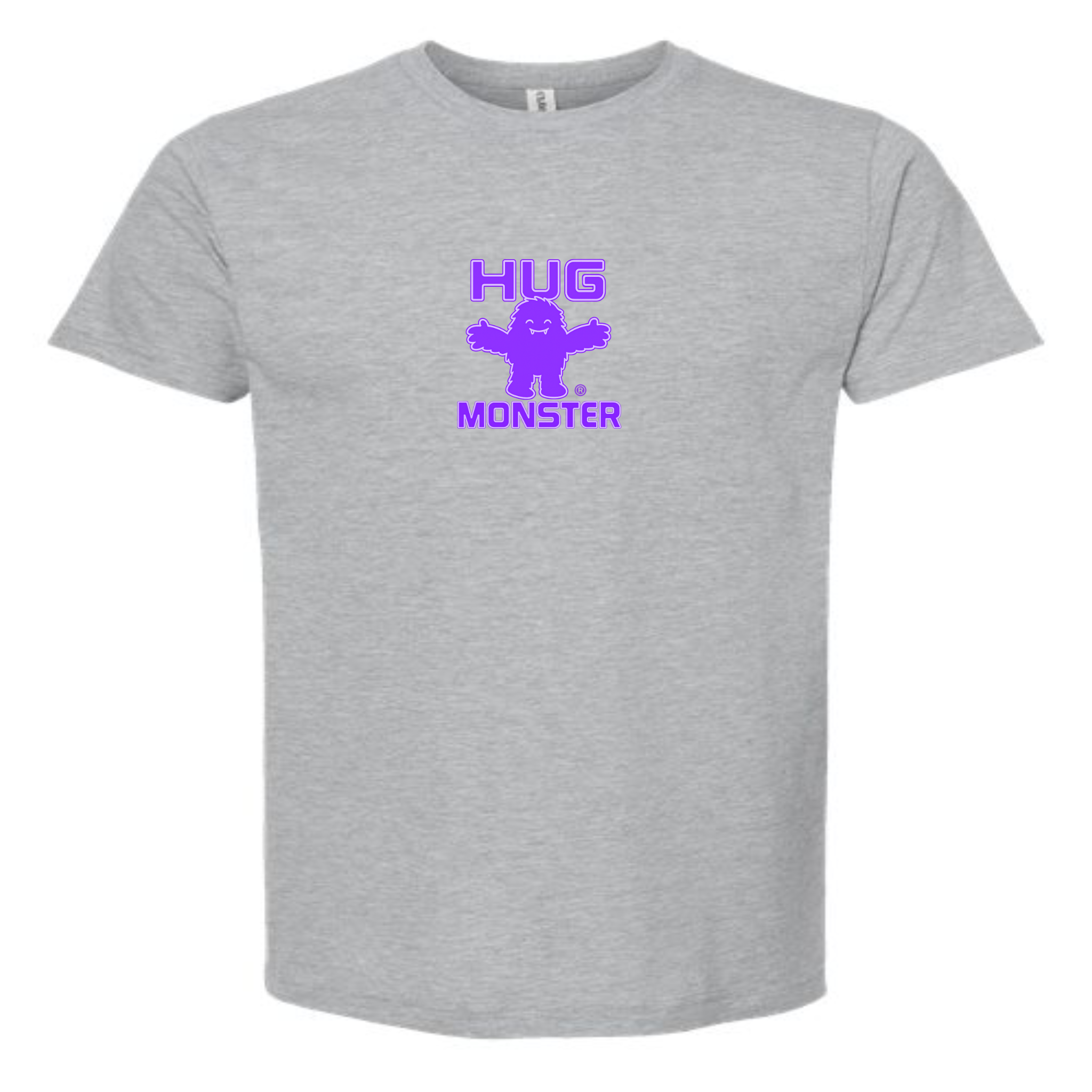 Hug Monster Tiny Retro Monster Hugs (Purple Logo) T-Shirt - Positive Message Graphic Tee in Heather Grey – Front View