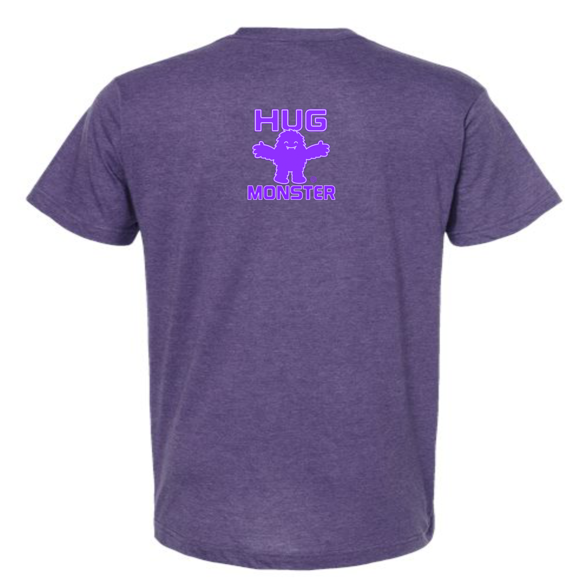 Hug Monster Tiny Retro Monster Hugs (Purple Logo) T-Shirt - Positive Message Graphic Tee in Heather Purple – Back View