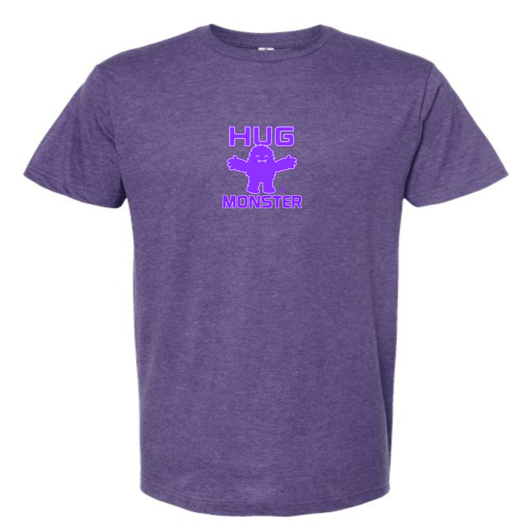 Hug Monster Tiny Retro Monster Hugs (Purple Logo) T-Shirt - Positive Message Graphic Tee in Heather Purple – Front View