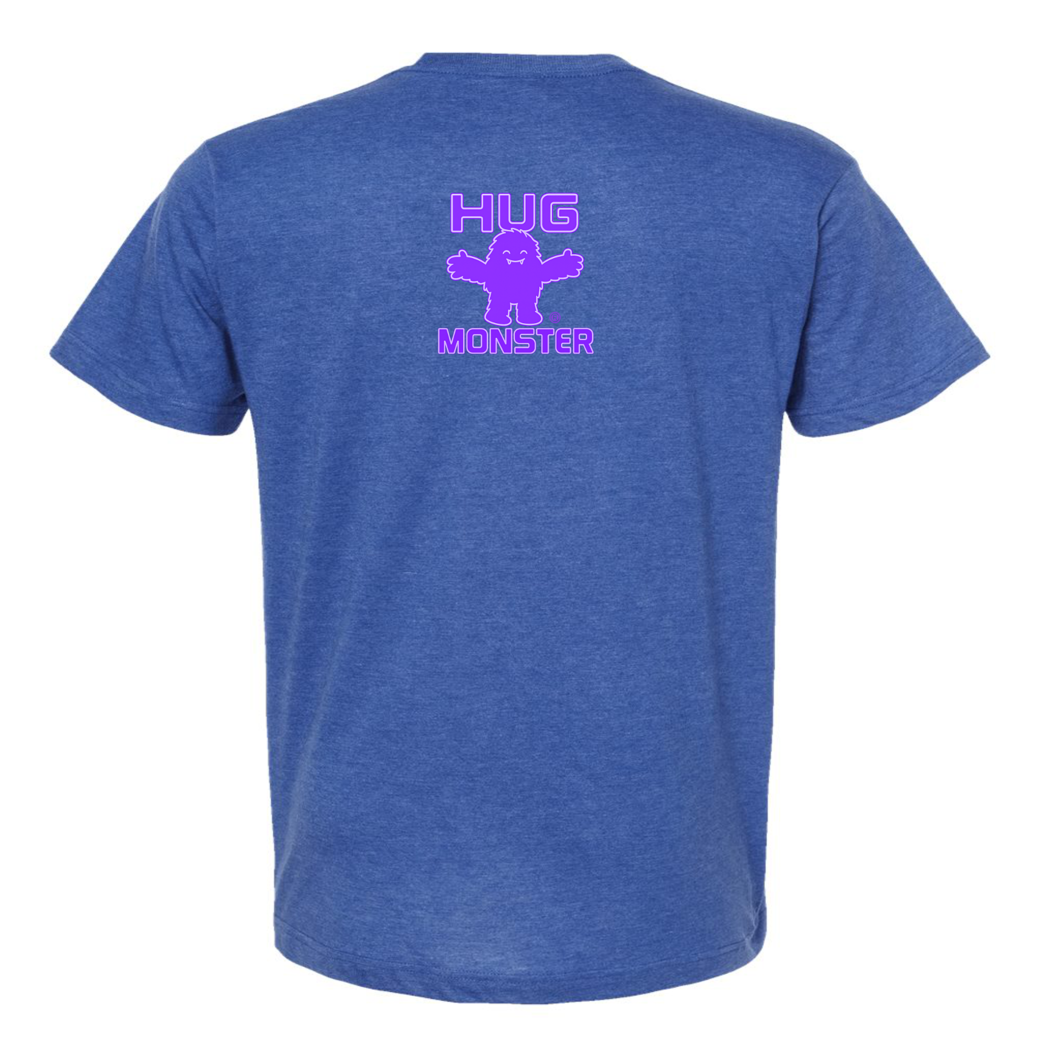 Hug Monster Tiny Retro Monster Hugs (Purple Logo) T-Shirt - Positive Message Graphic Tee in Heather Royal Blue – Back View
