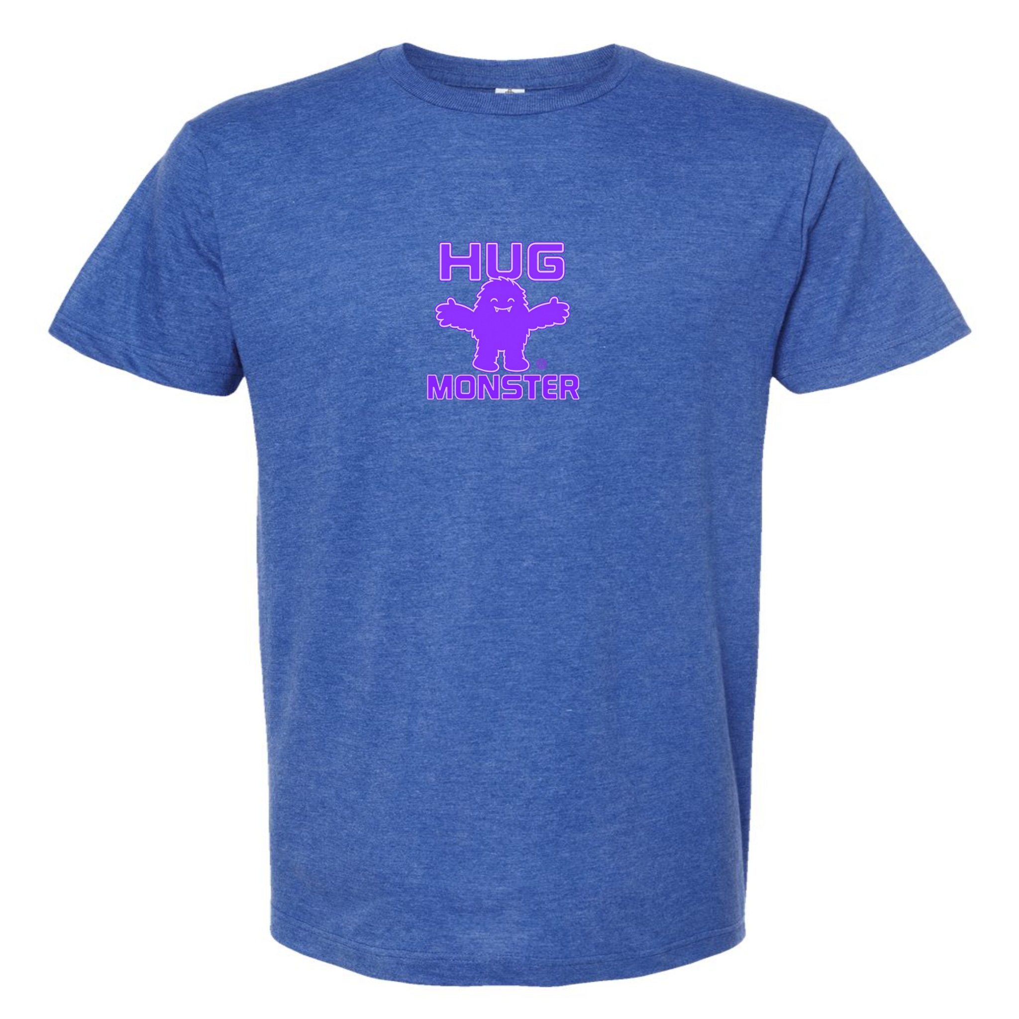 Hug Monster Tiny Retro Monster Hugs (Purple Logo) T-Shirt - Positive Message Graphic Tee in Heather Royal Blue – Front View