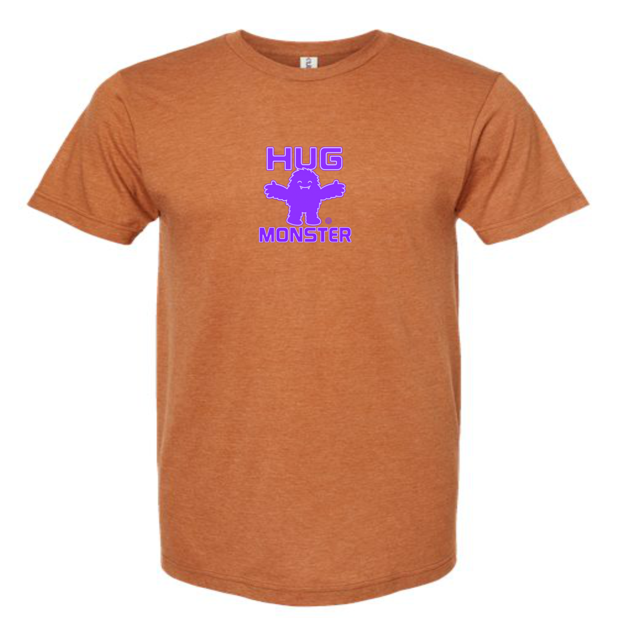 Hug Monster Tiny Retro Monster Hugs (Purple Logo) T-Shirt - Positive Message Graphic Tee in Heather Rust – Front View