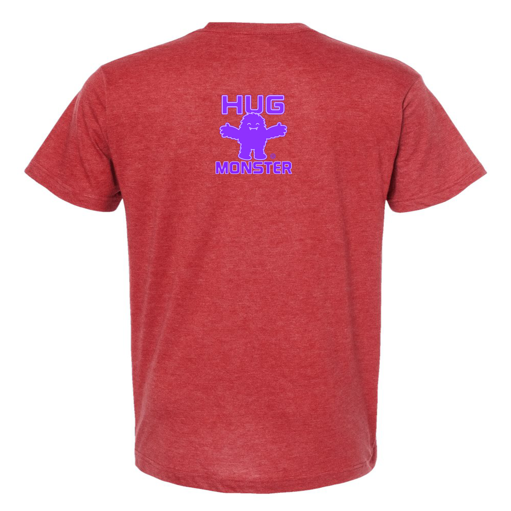 Hug Monster Tiny Retro Monster Hugs (Purple Logo) T-Shirt - Positive Message Graphic Tee in Heather Scarlet Red – Back View