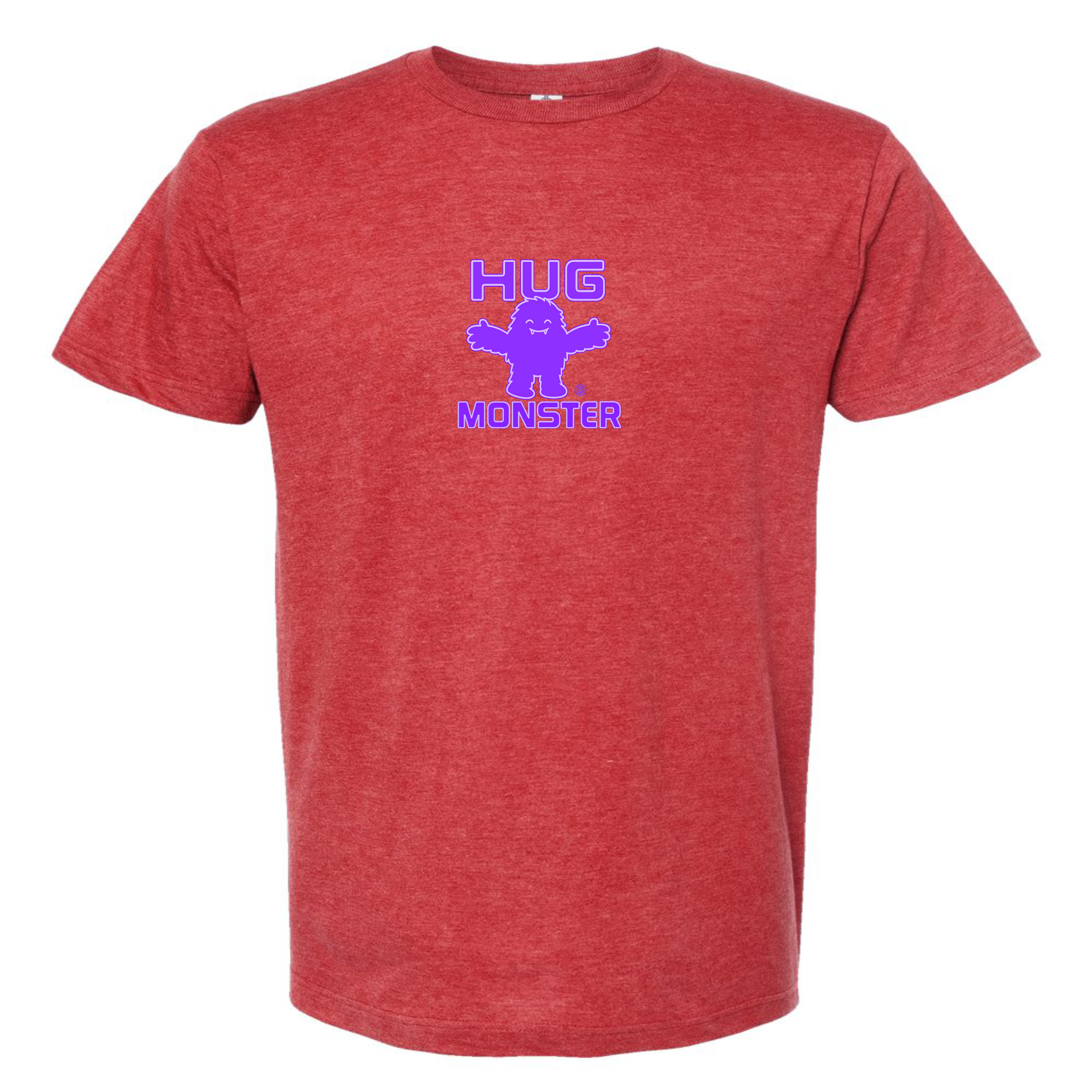 Hug Monster Tiny Retro Monster Hugs (Purple Logo) T-Shirt - Positive Message Graphic Tee in Heather Scarlet Red – Front View