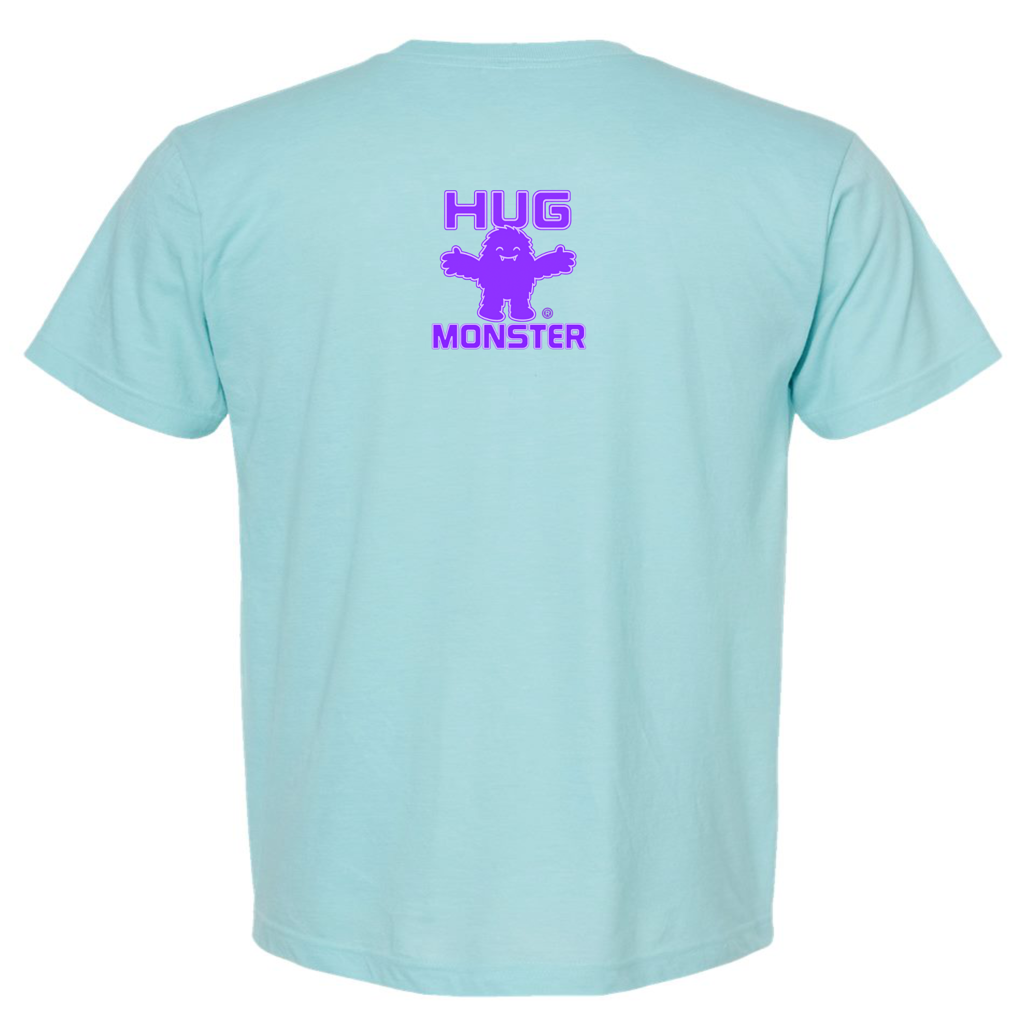 Hug Monster Tiny Retro Monster Hugs (Purple Logo) T-Shirt - Positive Message Graphic Tee in Heather Turquoise – Back View
