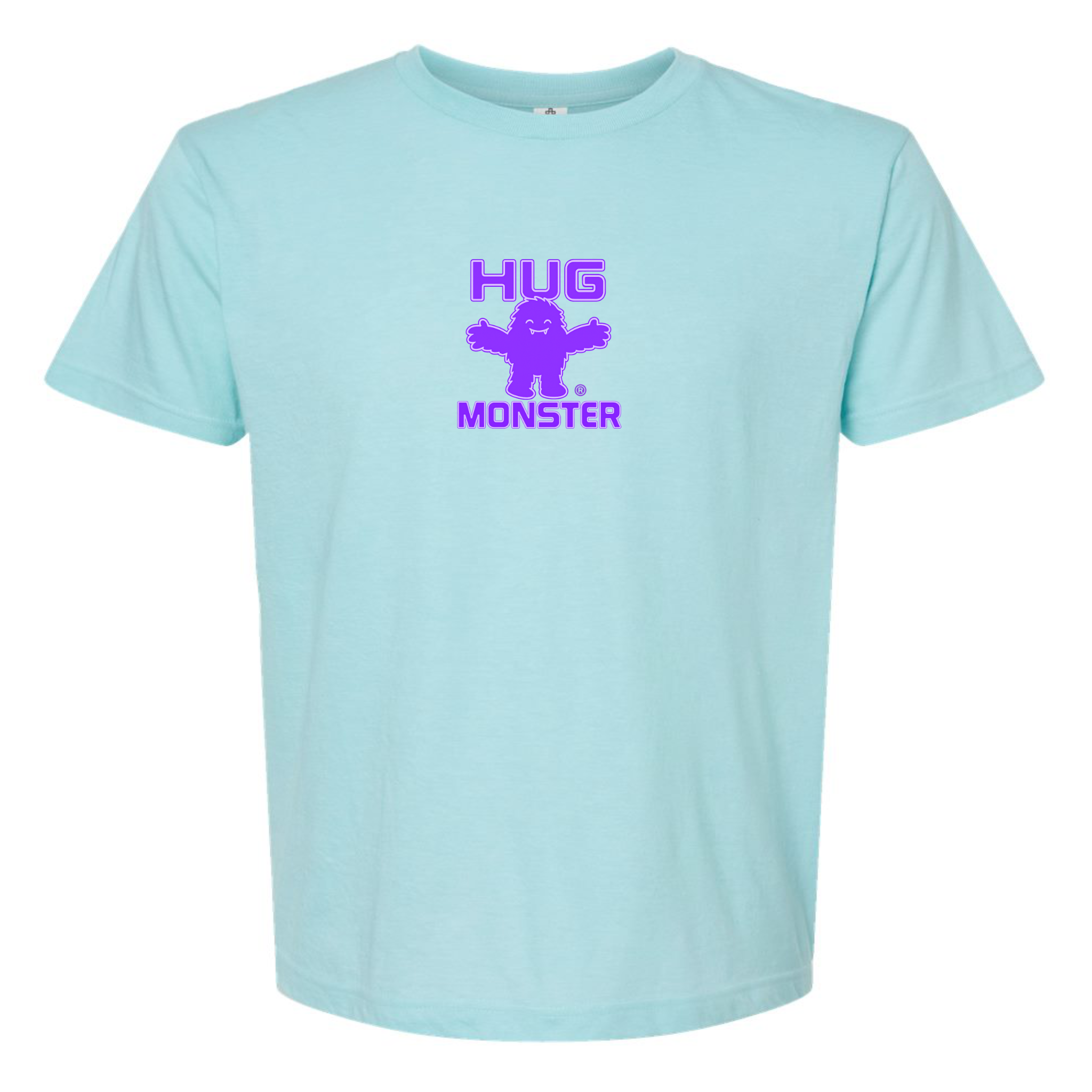 Hug Monster Tiny Retro Monster Hugs (Purple Logo) T-Shirt - Positive Message Graphic Tee in Heather Turquoise – Front View
