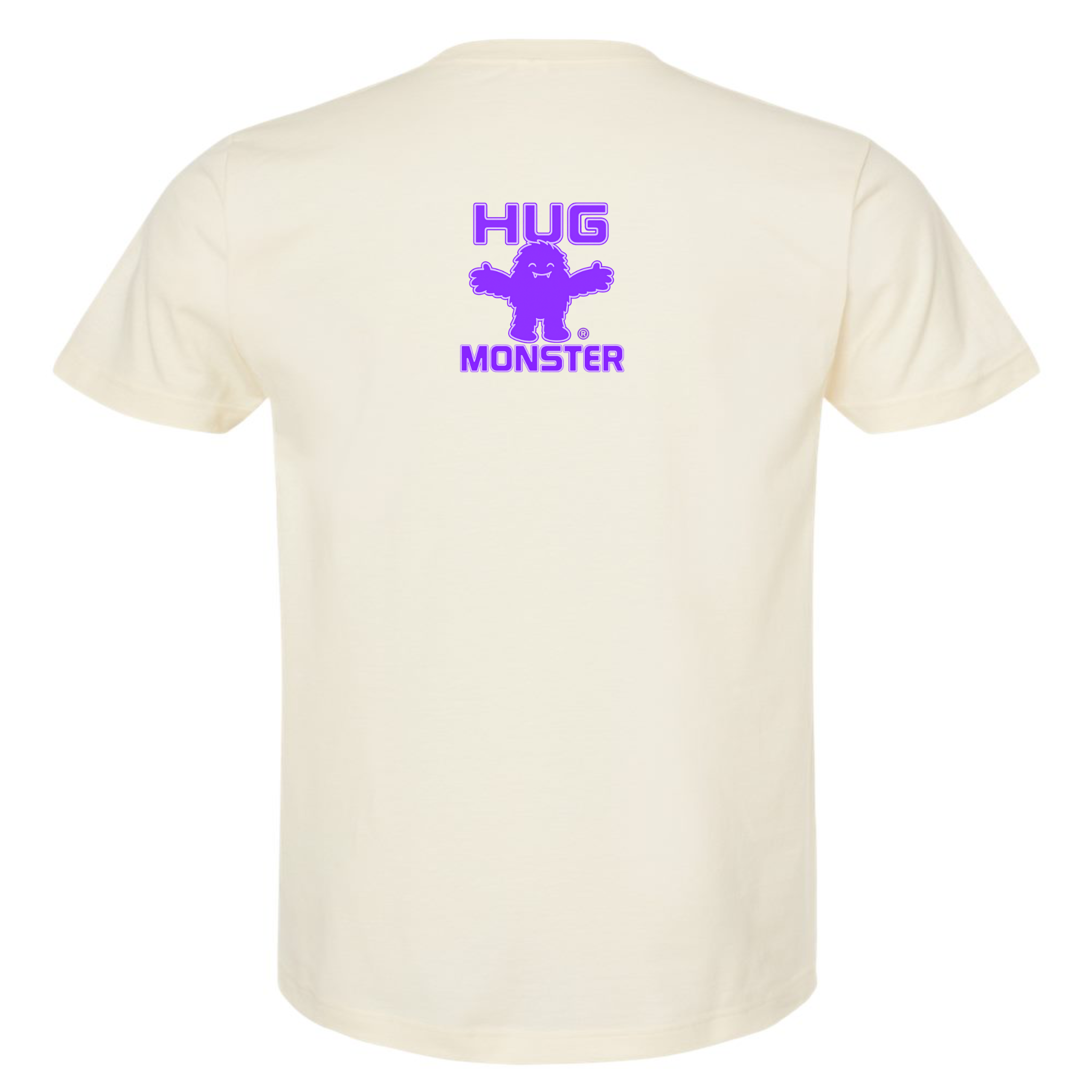 Hug Monster Tiny Retro Monster Hugs (Purple Logo) T-Shirt - Positive Message Graphic Tee in Natural – Back View