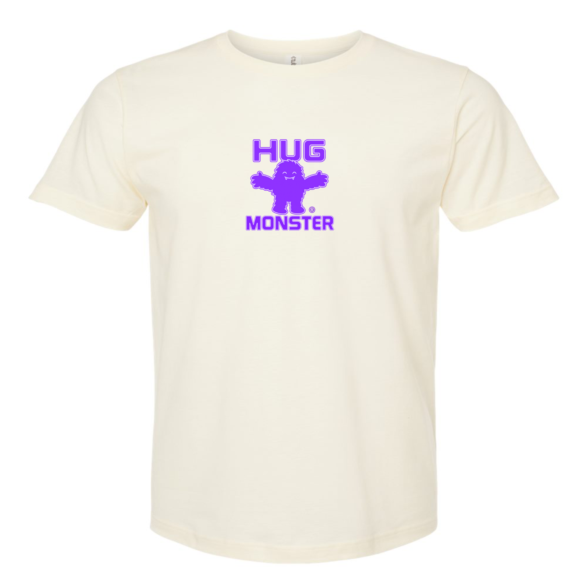 Hug Monster Tiny Retro Monster Hugs (Purple Logo) T-Shirt - Positive Message Graphic Tee in Natural – Front View